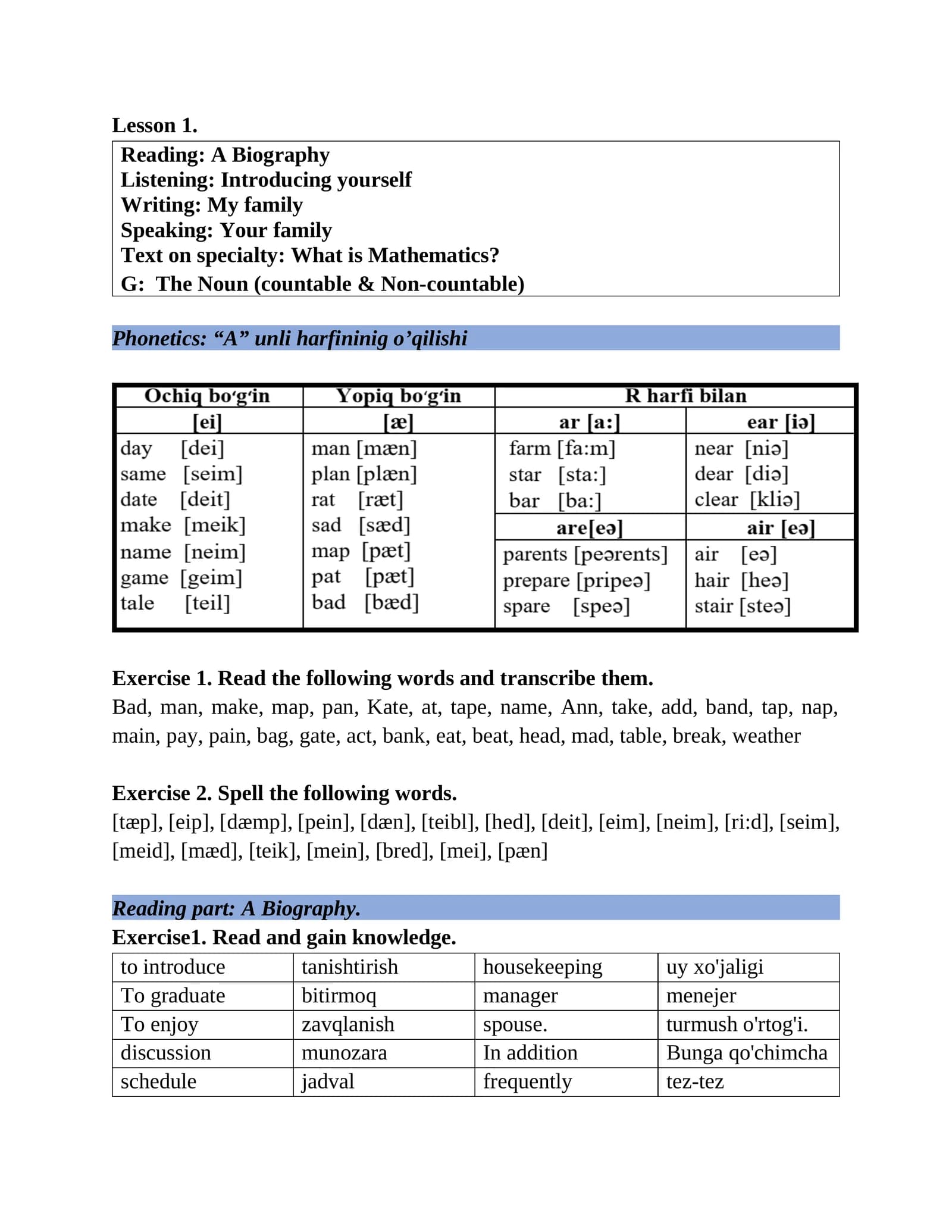 Exercise 1 & 2: Phonetics in English