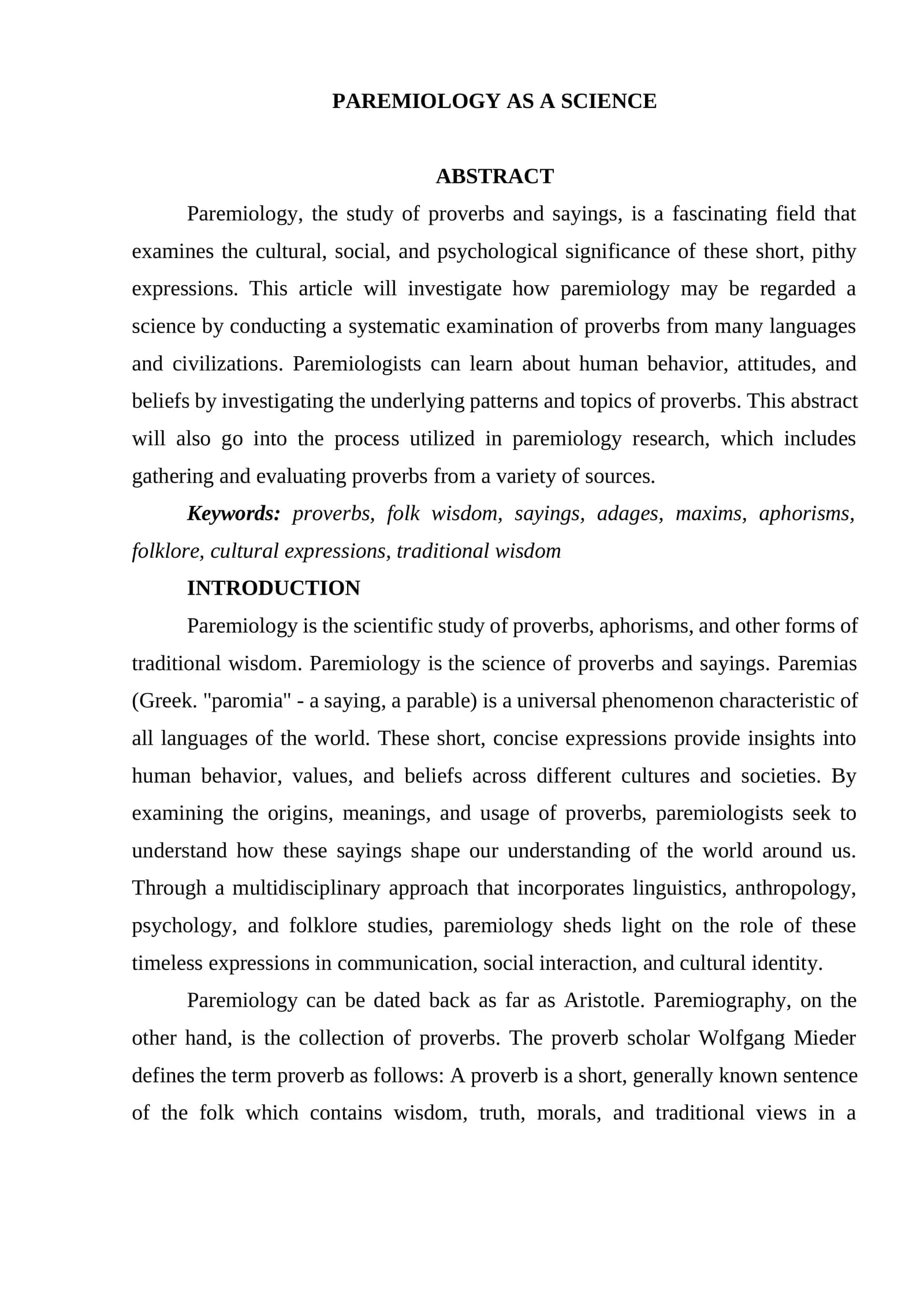 PAREMIOLOGY AS A SCIENCE