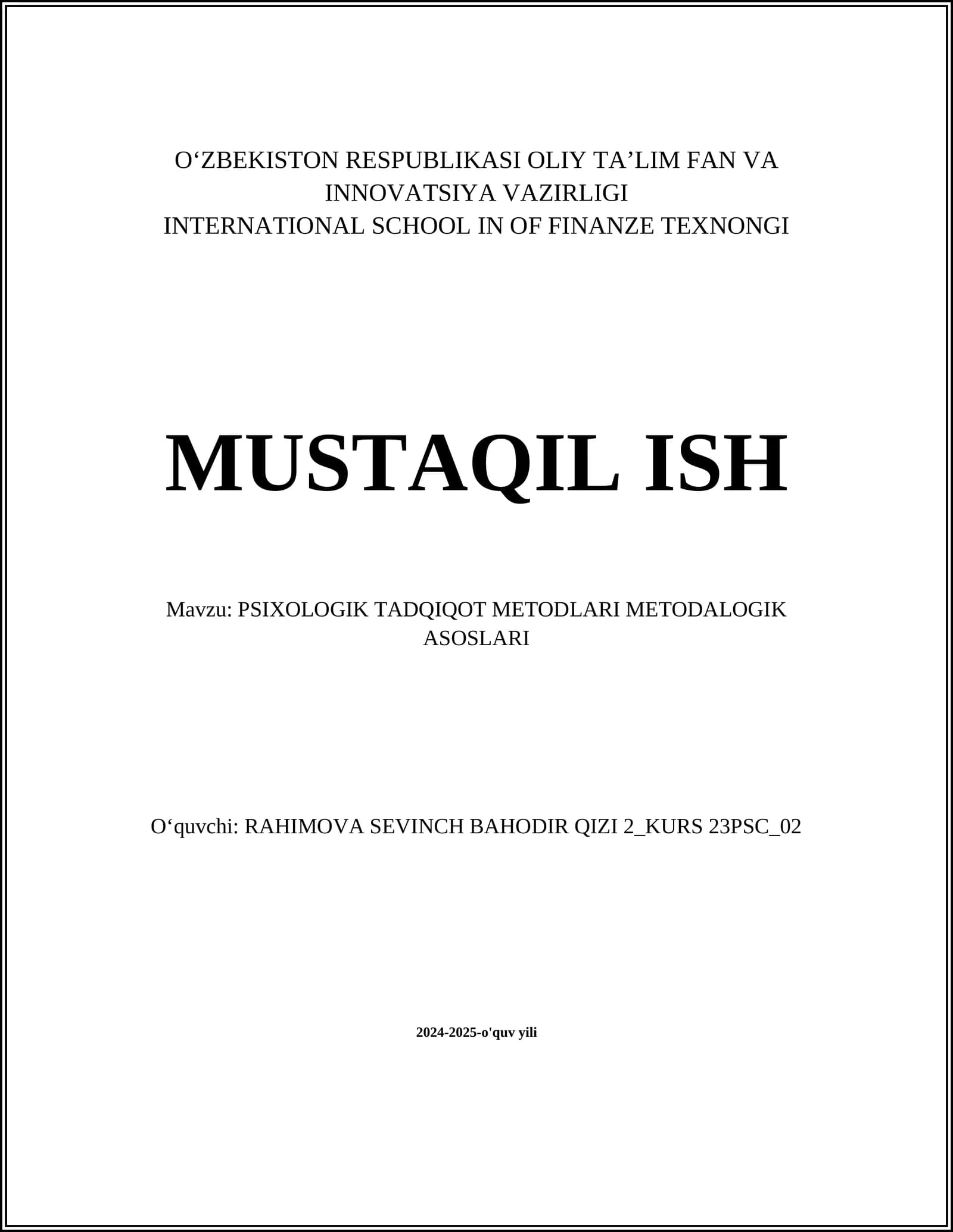 PSIXOLOGIK TADQIQOT METODLARI METODALOGIK ASOSLARI