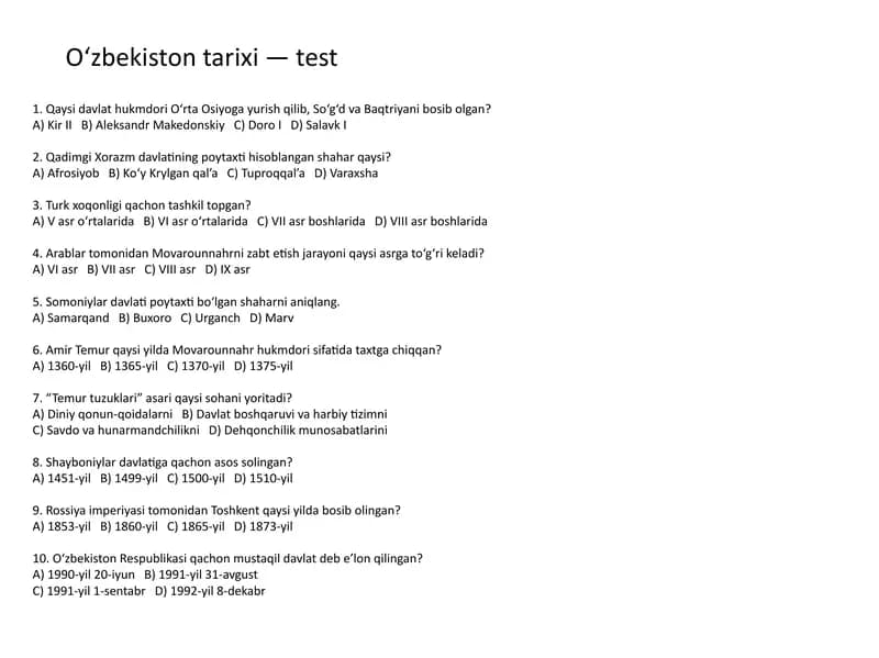 O‘zbekiston tarixi — test