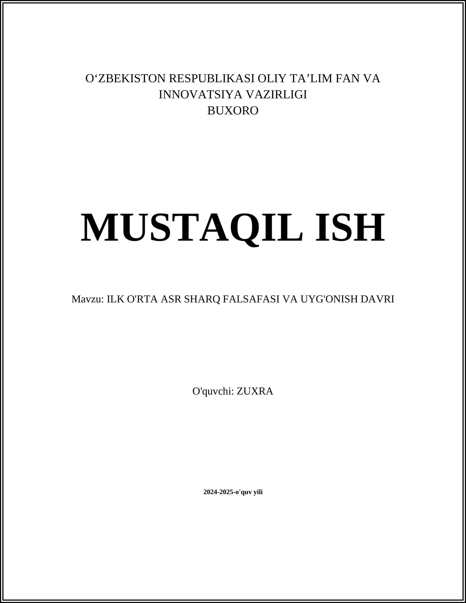 ILK O'RTA ASR SHARQ FALSAFASI VA UYG'ONISH DAVRI