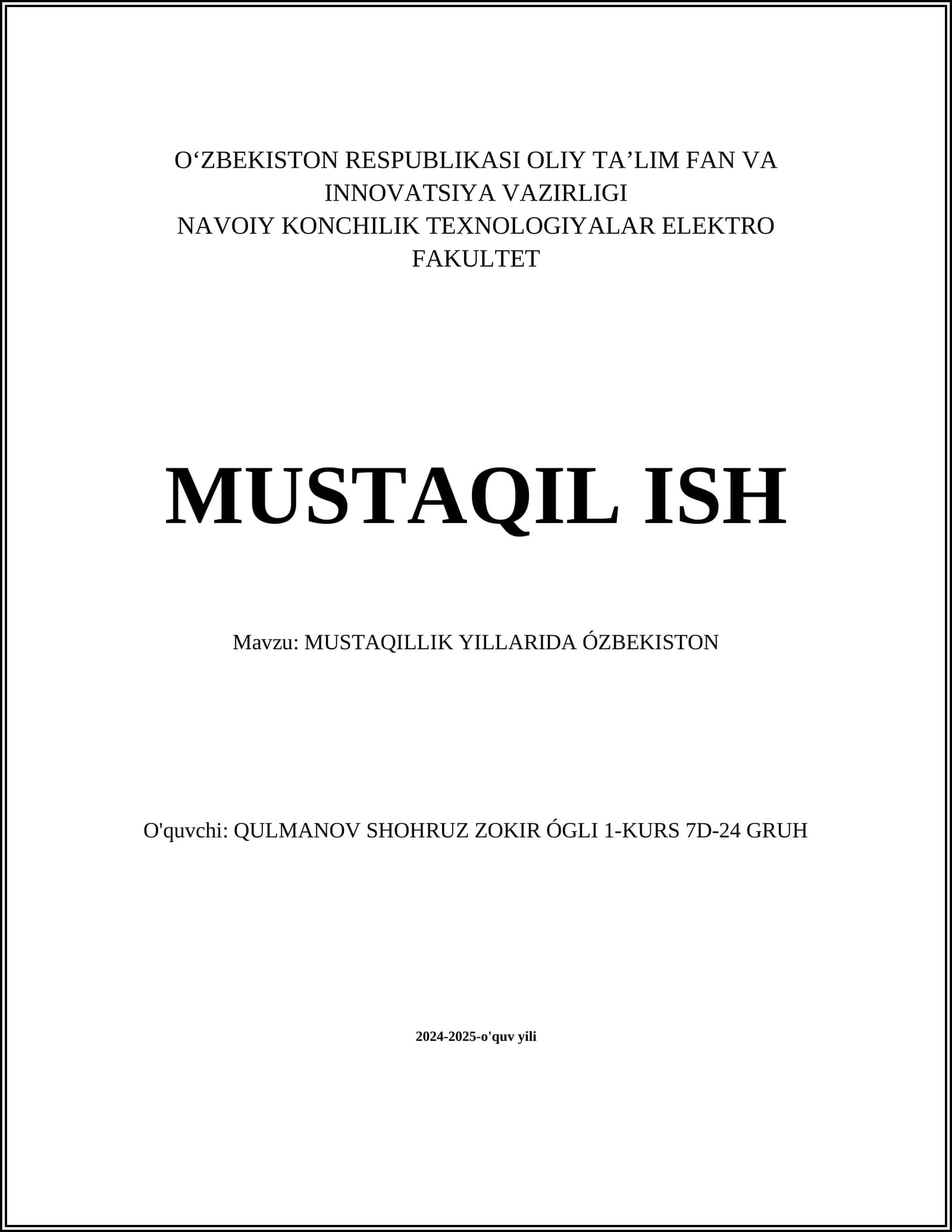 MUSTAQILLIK YILLARIDA ÓZBEKISTON