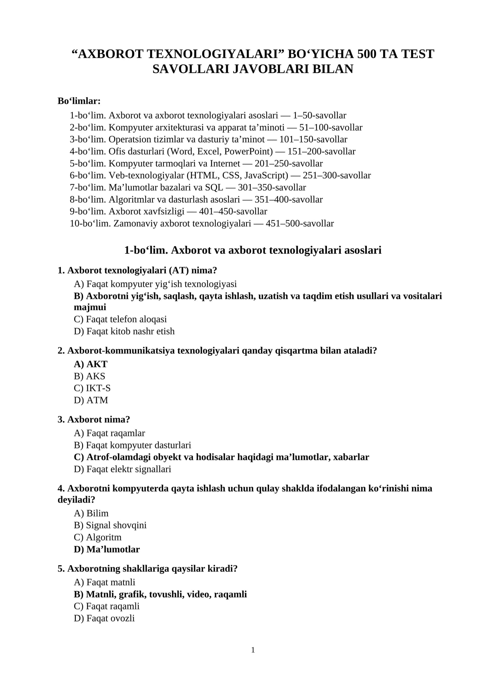 “AXBOROT TEXNOLOGIYALARI” BO‘YICHA 500 TA TEST SAVOLLARI JAVOBLARI BILAN