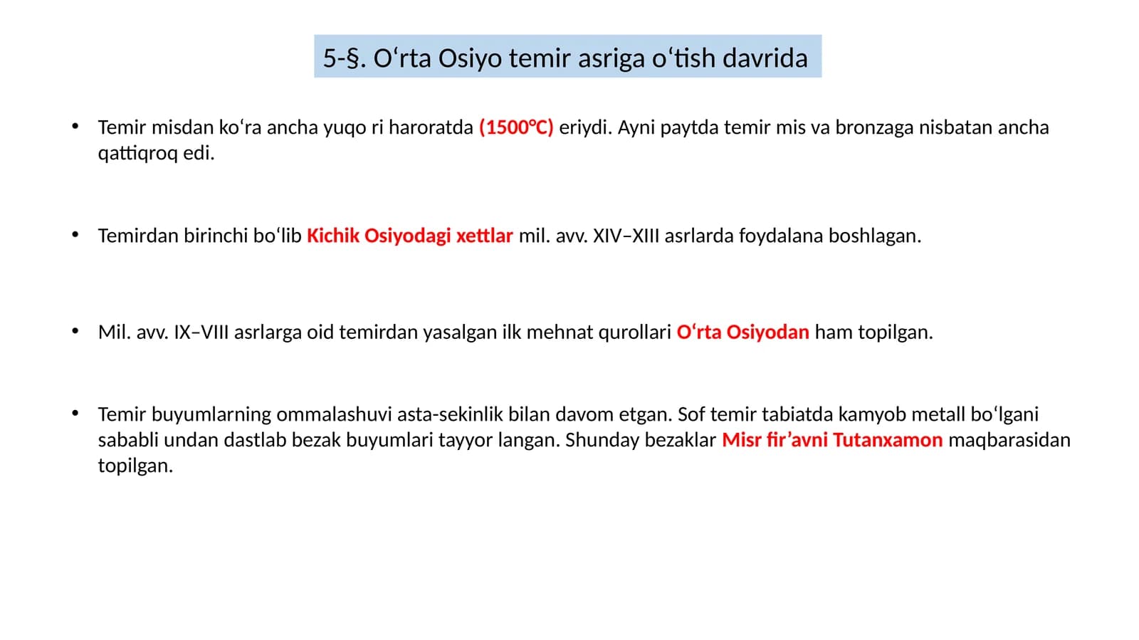O‘rta Osiyo temir asriga o‘tish davrida