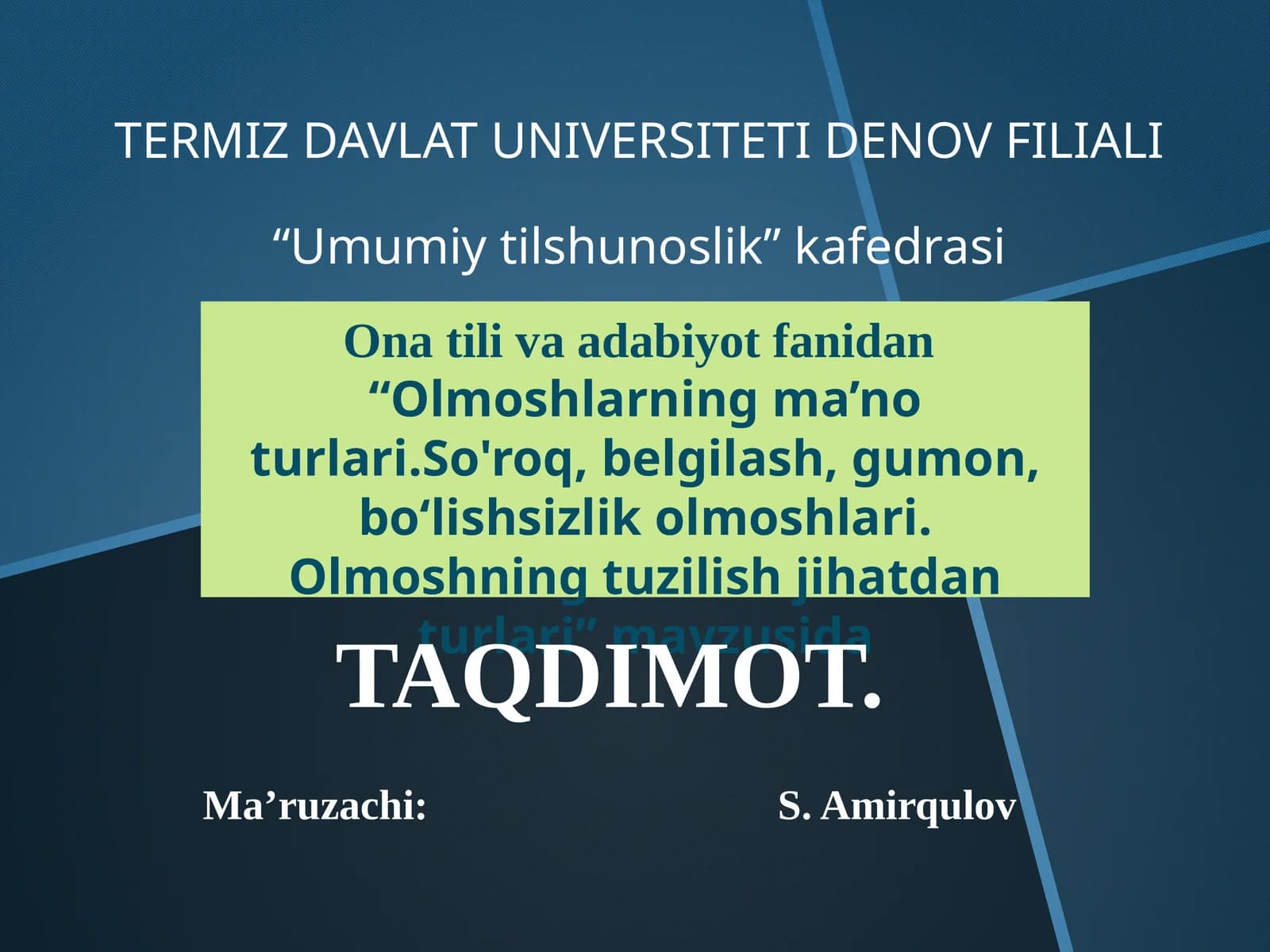 Olmosh. Olmoshlarning ma’noturlari: kishilik, o‘zlik, ko‘rsatish, so‘roq, belgilash, gumon, bo‘lishsizlik olmoshlari. Olmoshning tuzilish jihatdan turlari