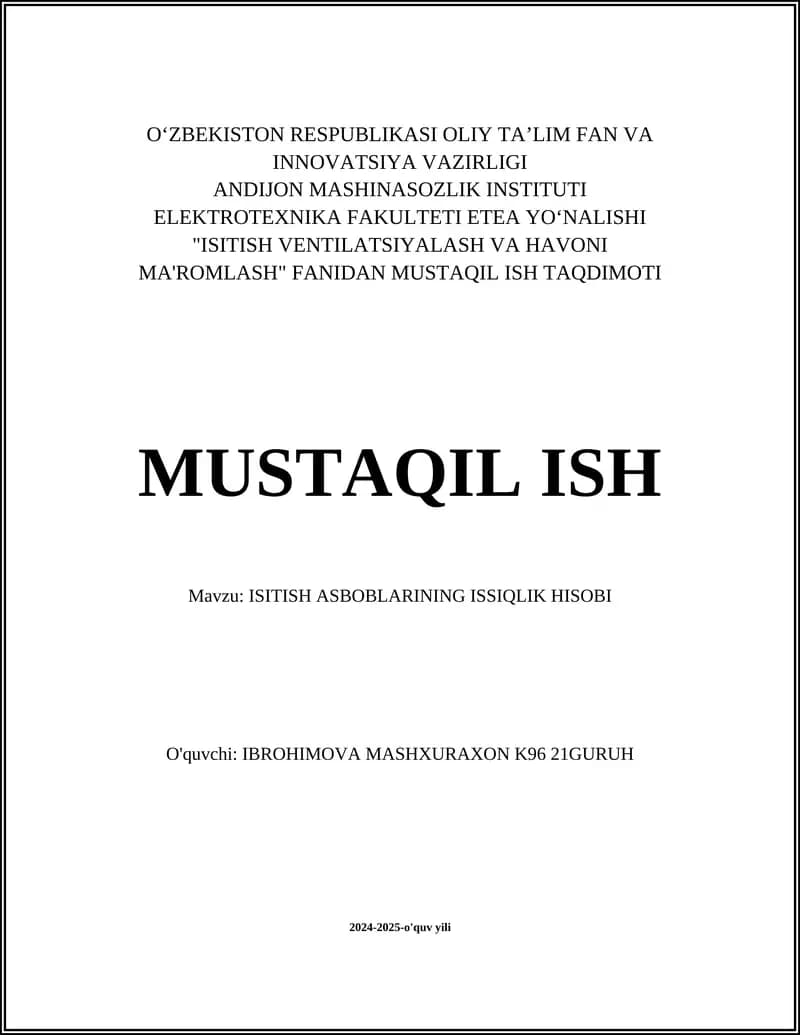 ISITISH ASBOBLARINING ISSIQLIK HISOBI