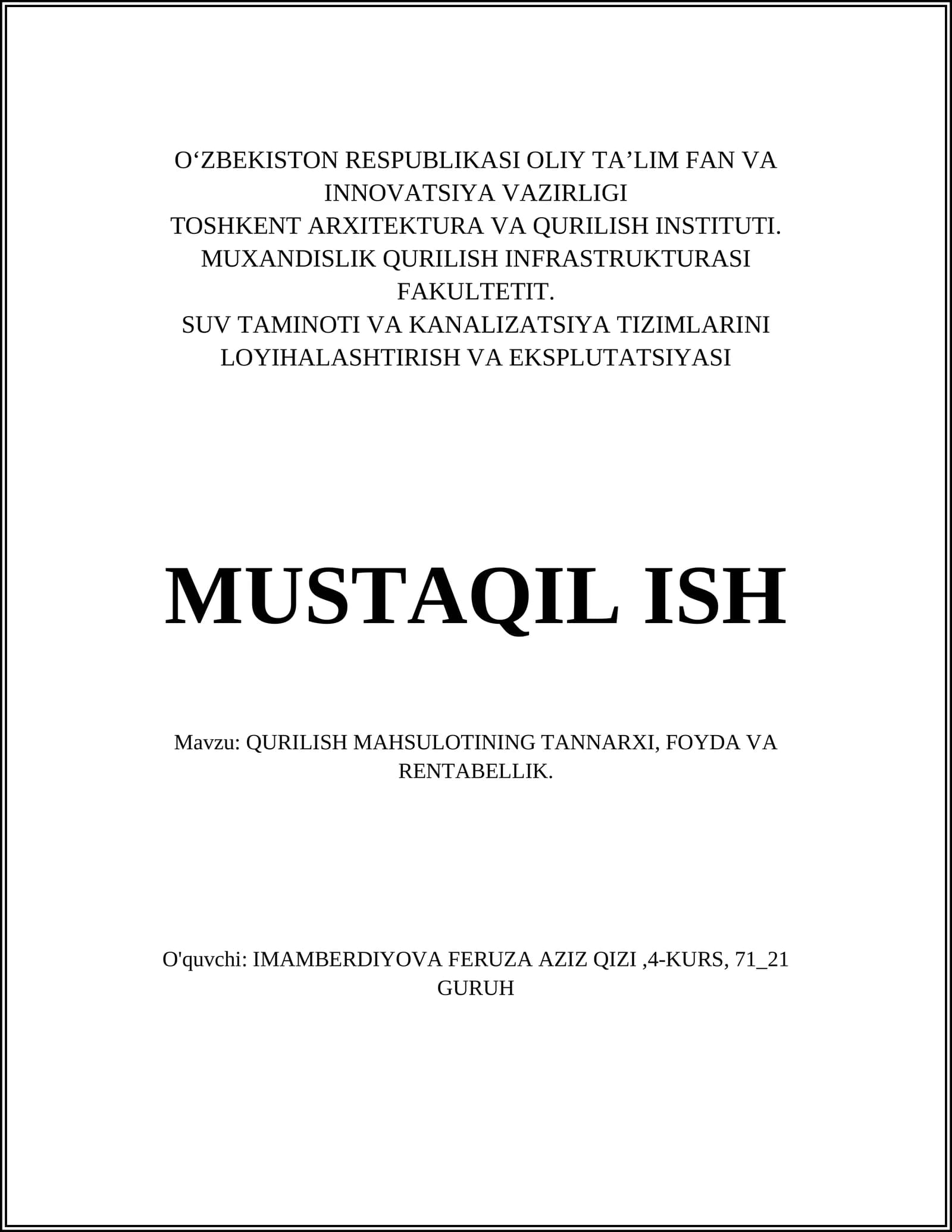 QURILISH MAHSULOTINING TANNARXI, FOYDA VA RENTABELLIK
