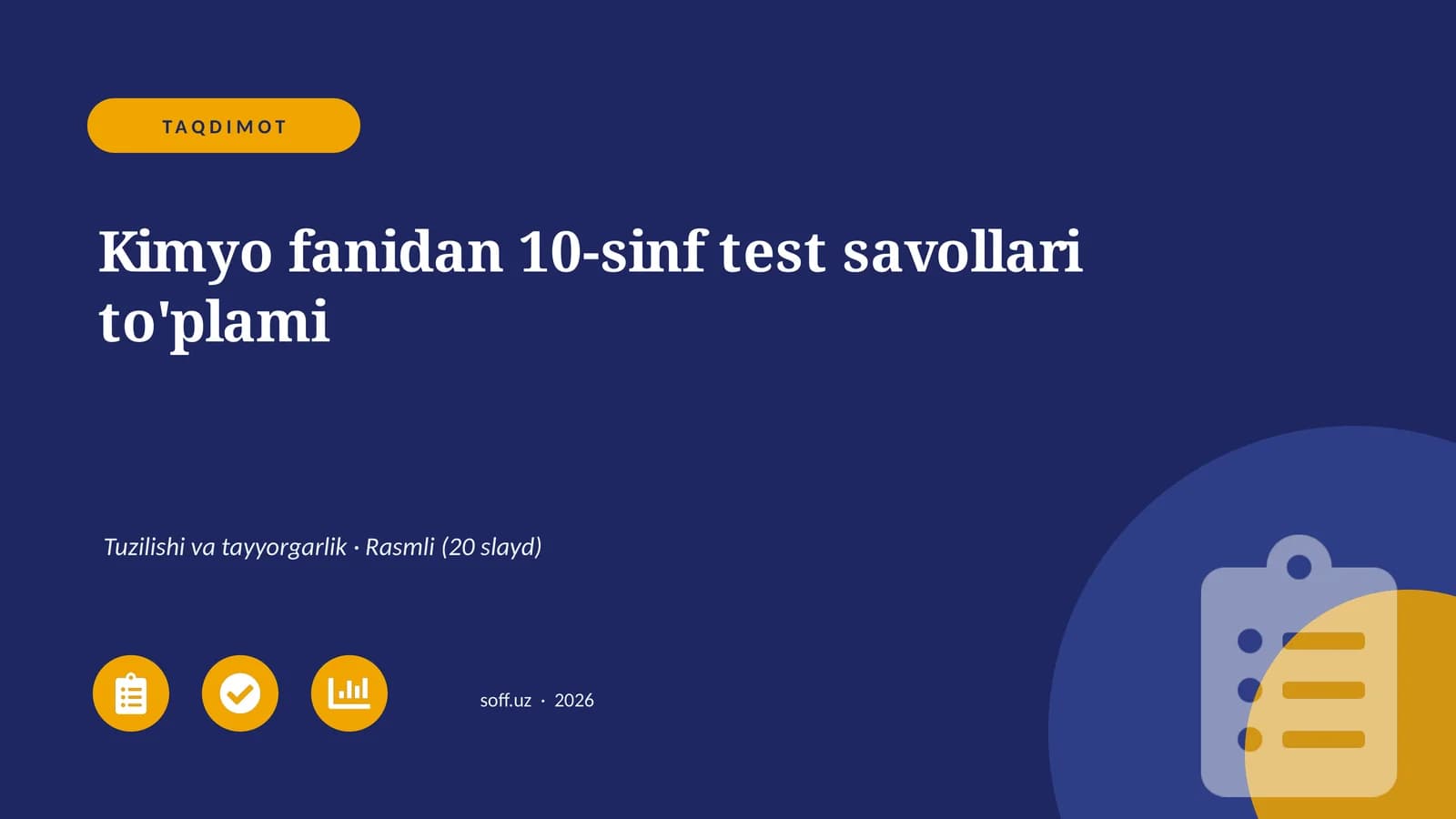 Kimyo fanidan 10-sinf test savollari to'plami