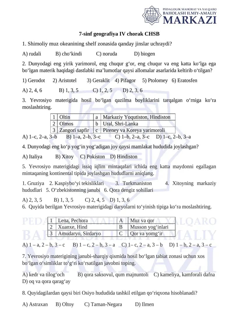 7-sinf geografiya IV chorak CHSB