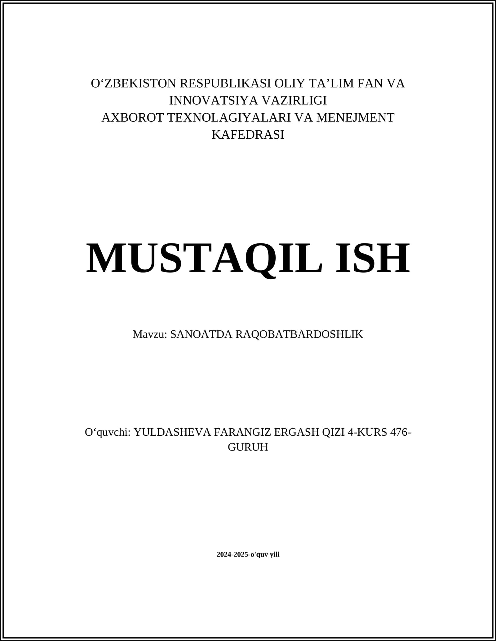 SANOATDA RAQOBATBARDOSHLIK
