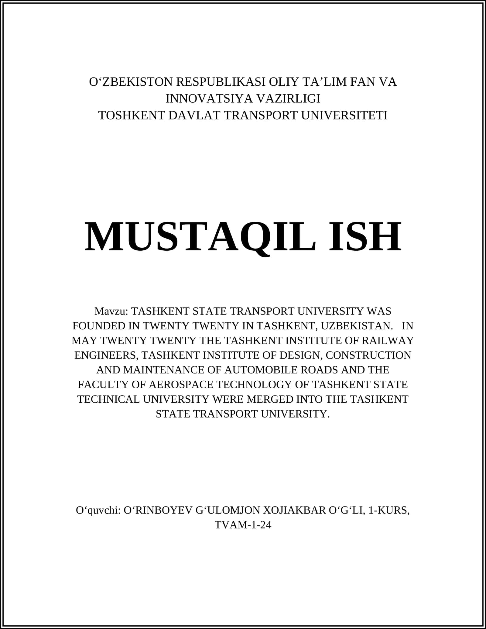 Tashkent State Transport University History