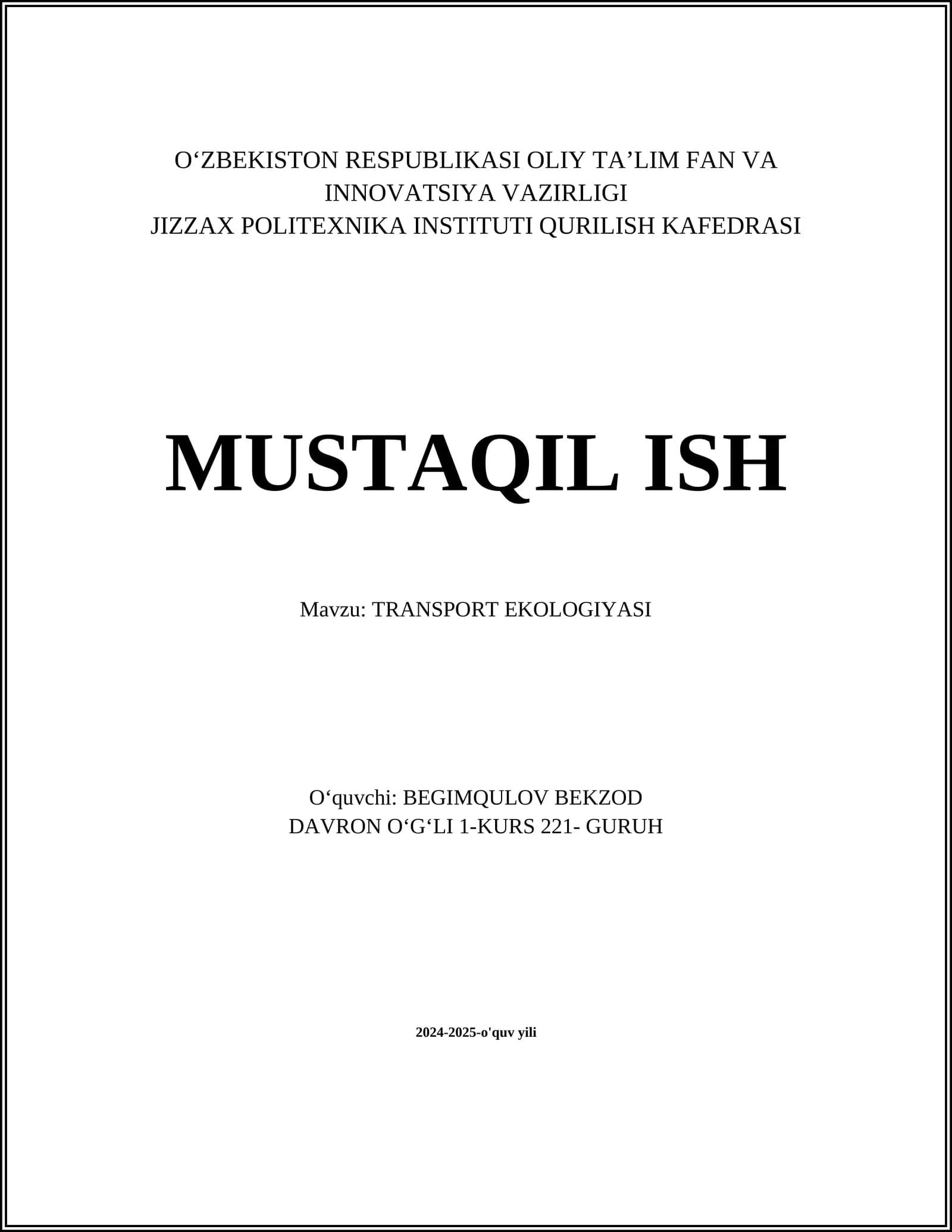 TRANSPORT EKOLOGIYASI