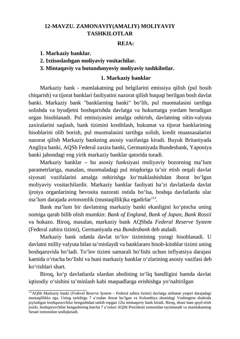 Zamonaviy(Amaliy) moliyaviy tashkilotlar