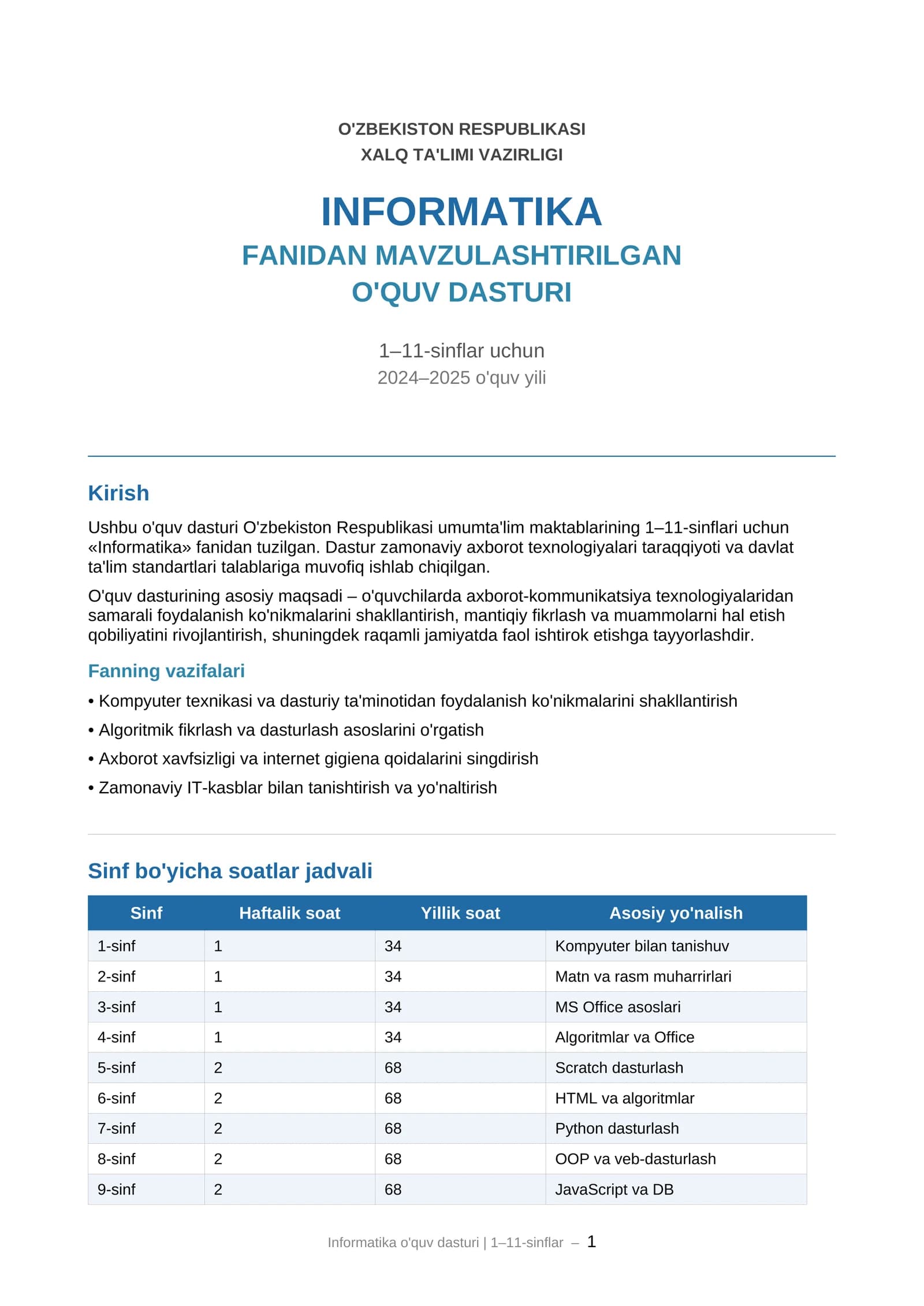 O'quv dasturi "Informatika" fanidan