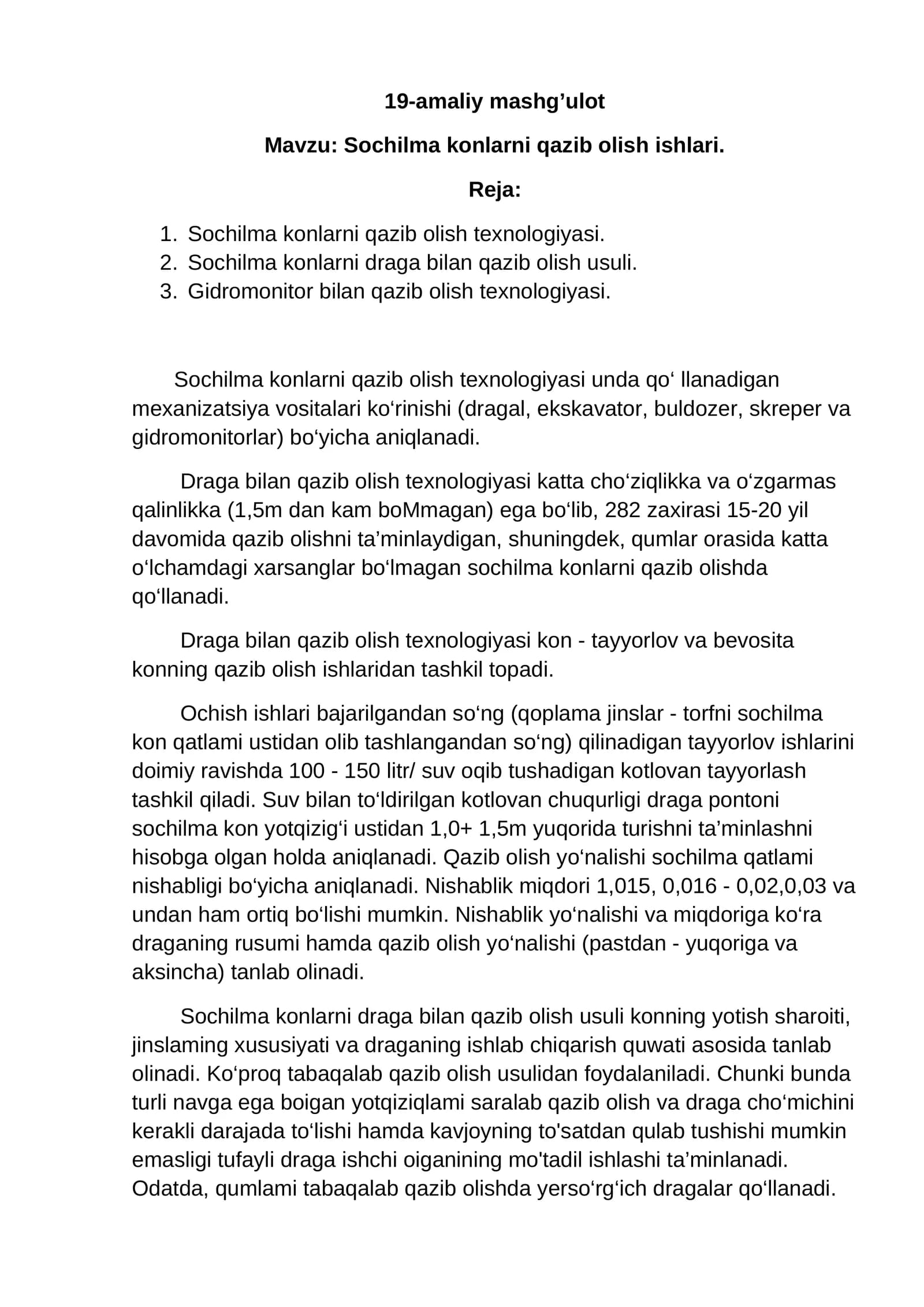 Sochilma konlarni qazib olish ishlari