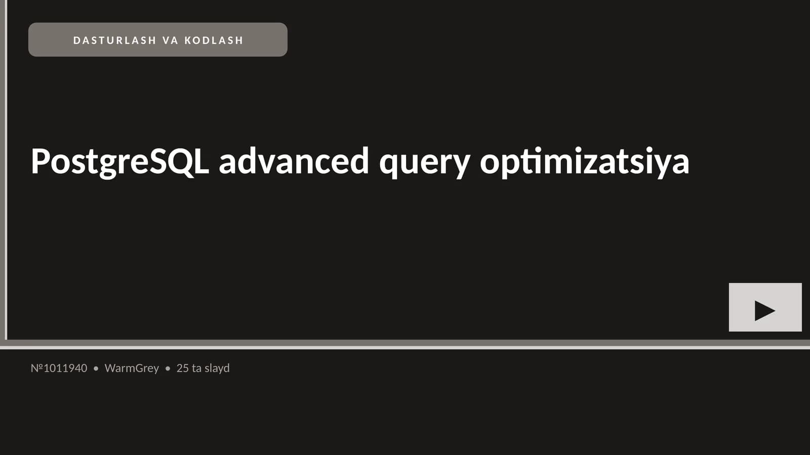 PostgreSQL advanced query optimizatsiya