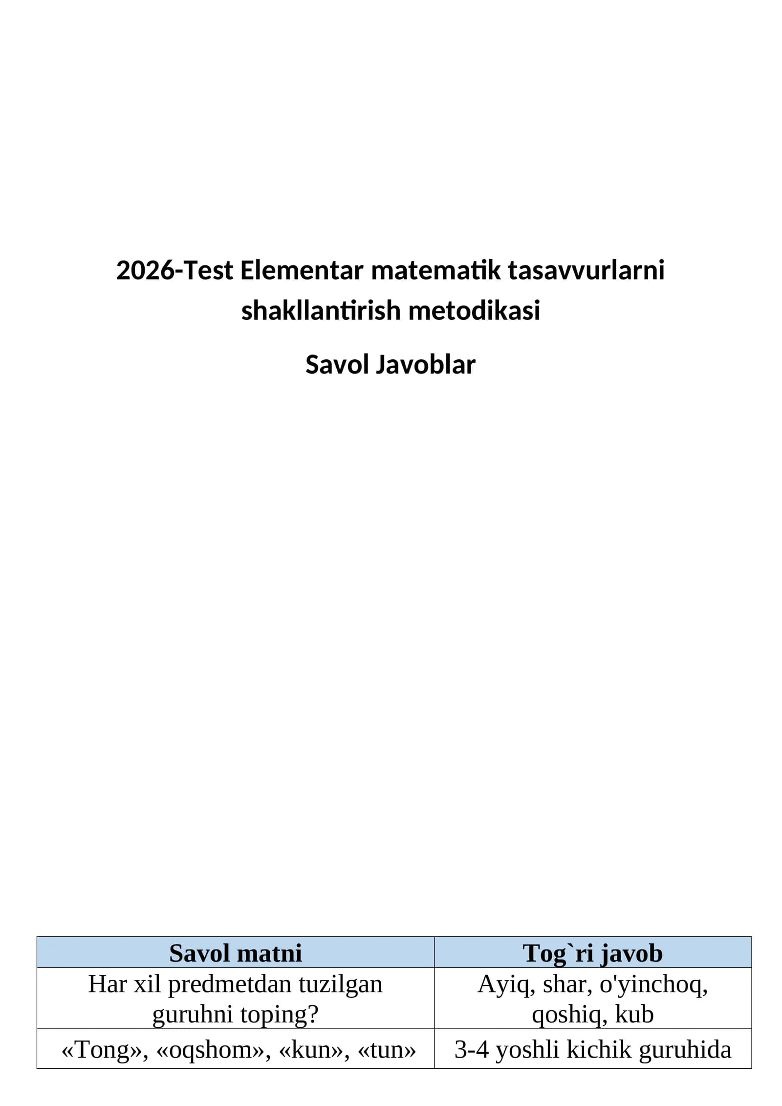 Elementar matematika test 200 Savol Javobibilan