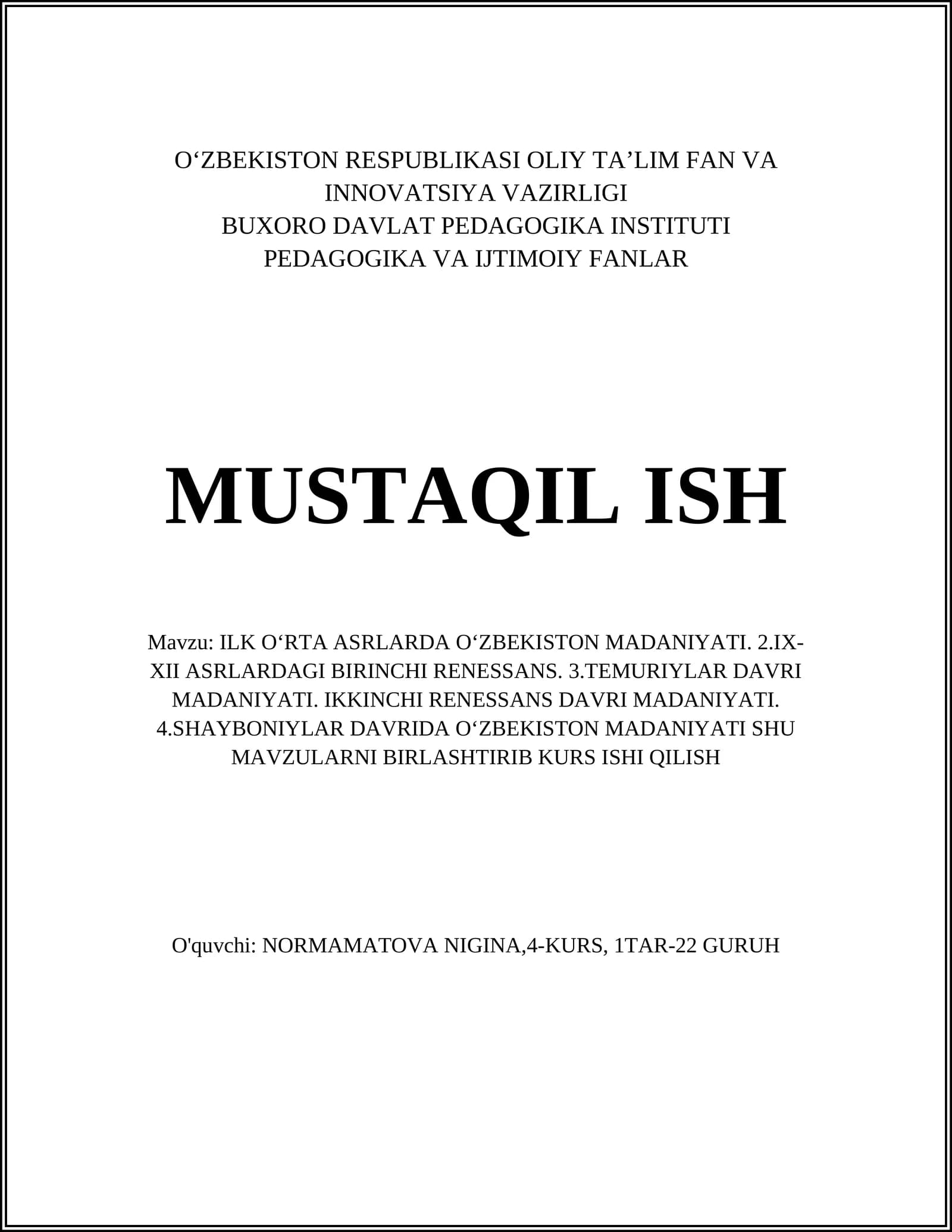 ILK O‘RTA ASRLARDA O‘ZBEKISTON MADANIYATI