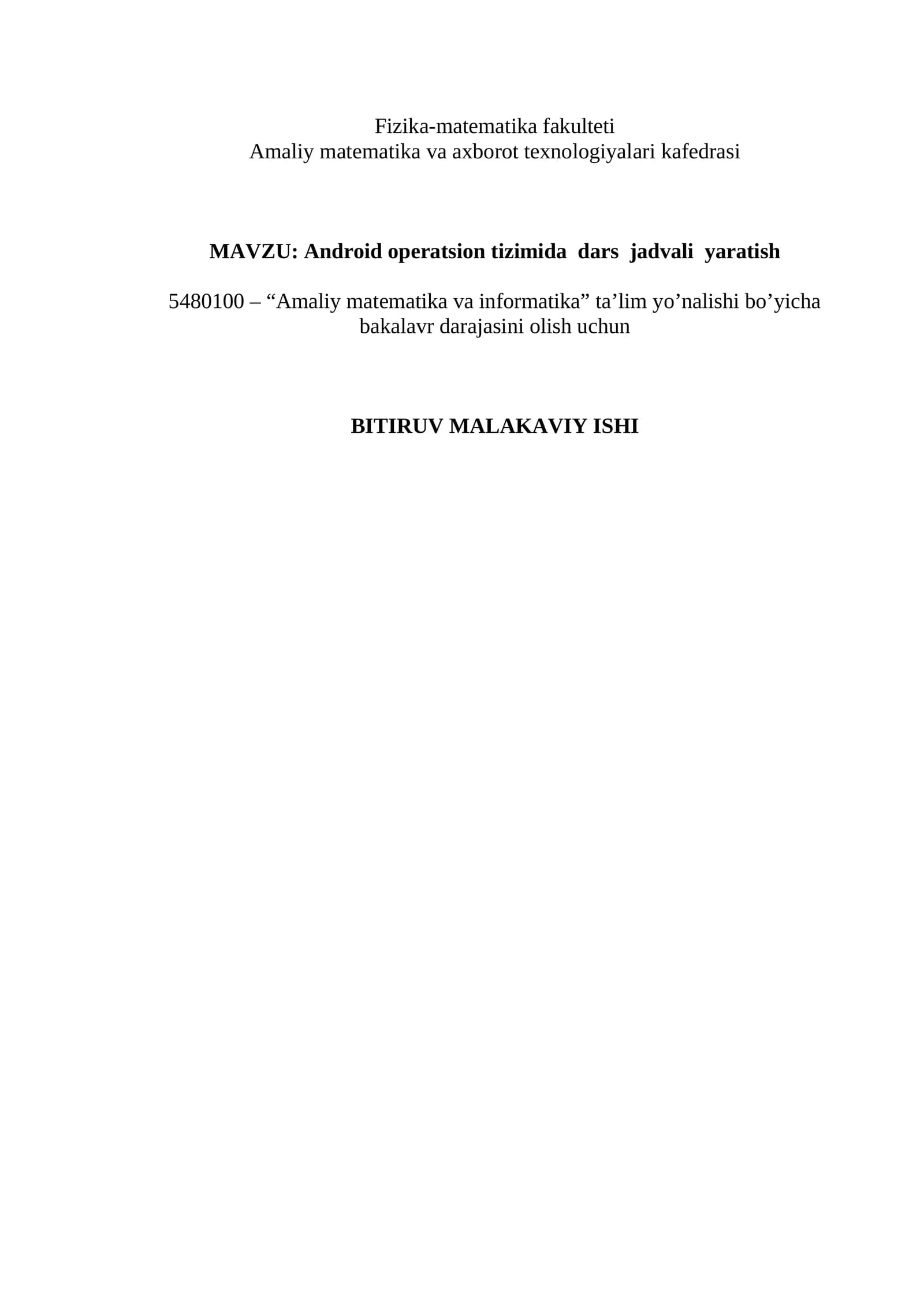 "Android operatsion tizimida dars jadvali yaratish" mavzusida BMI