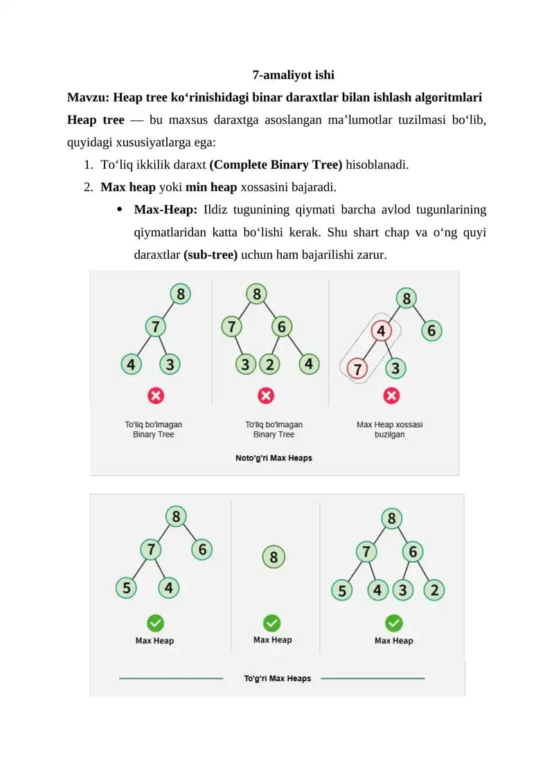 Heap tree ko‘rinishidagi binar daraxtlar bilan ishlash algoritmlari