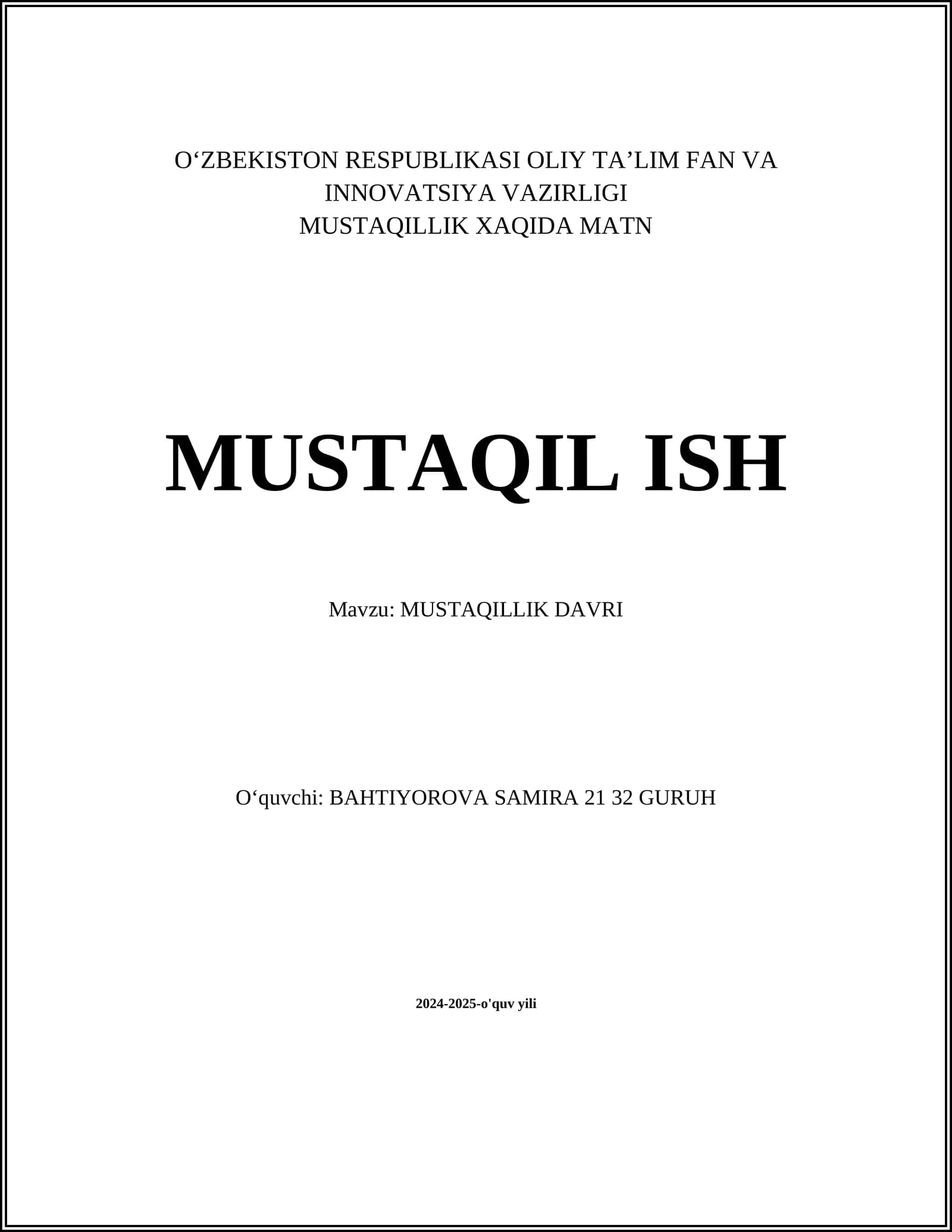 MUSTAQILLIK DAVRI