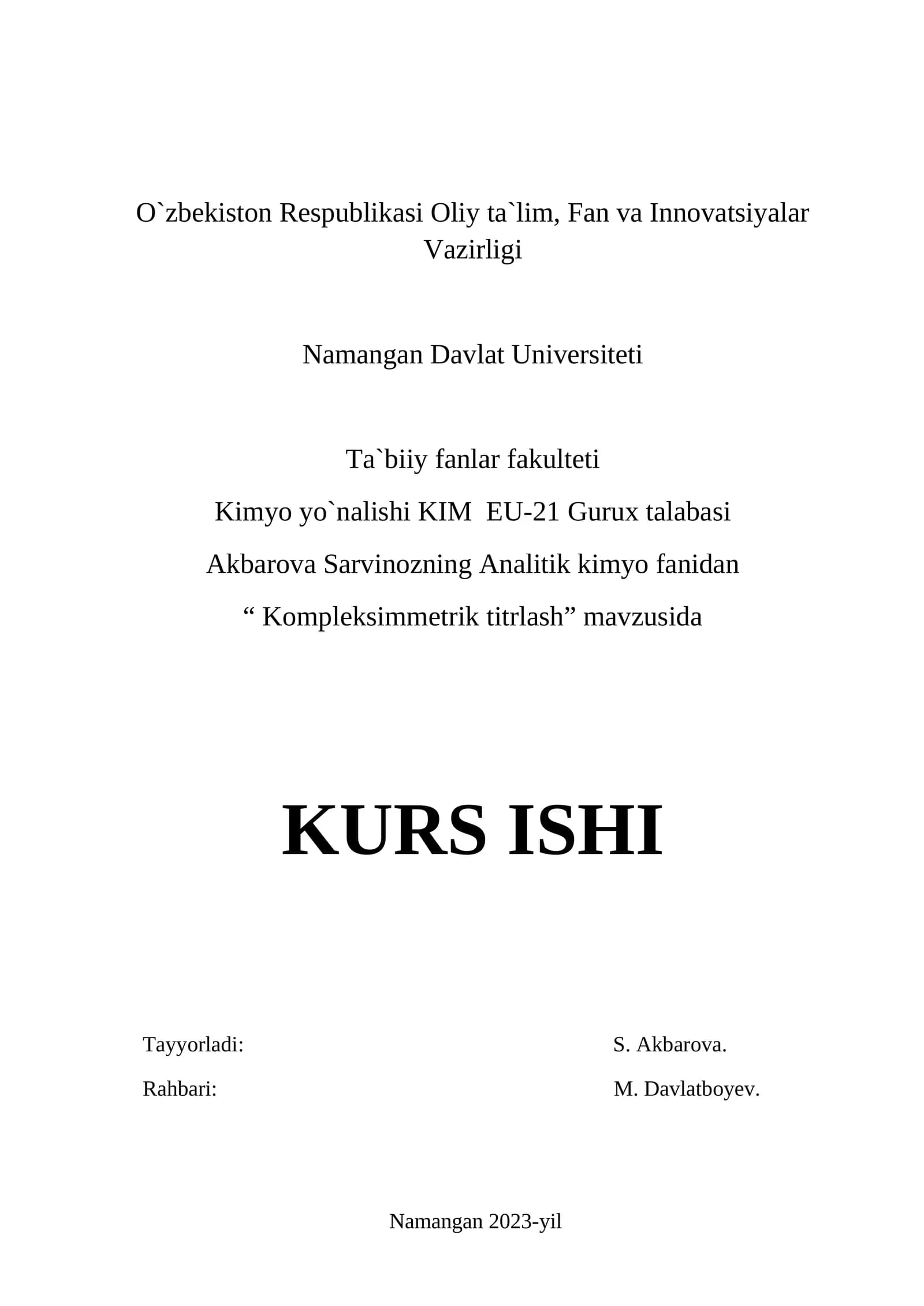 Kompleksimmetrik titrlash  KURS ISHI