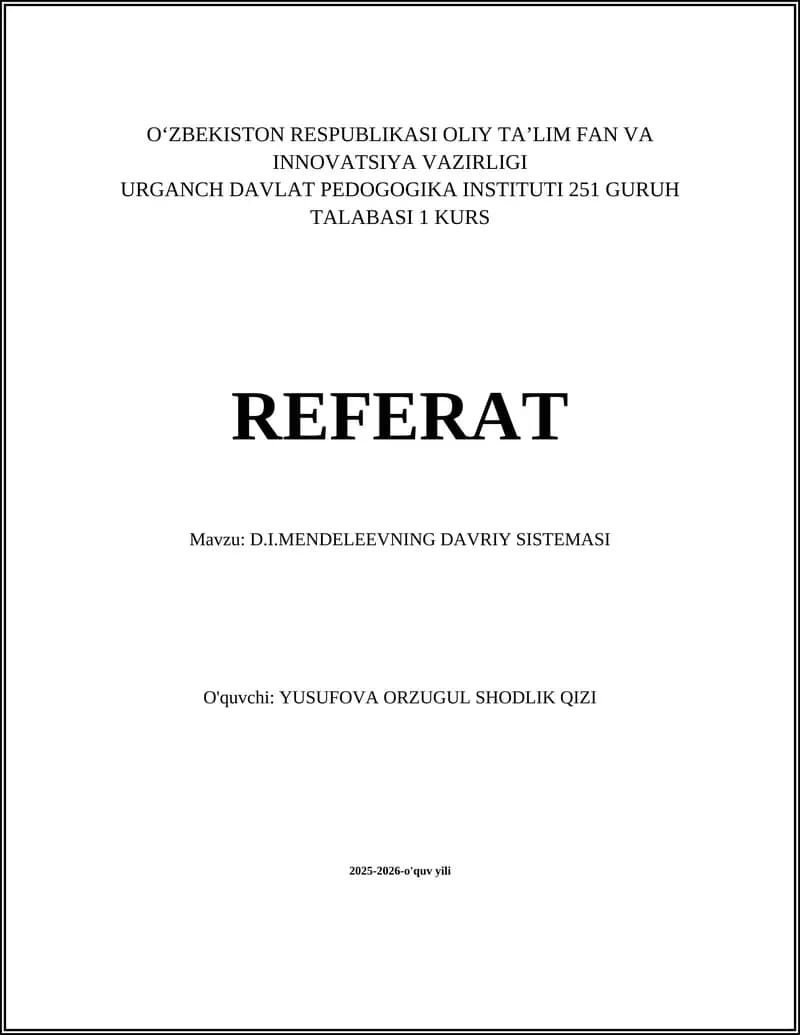 D.I.MENDELEEVNING DAVRIY SISTEMASI