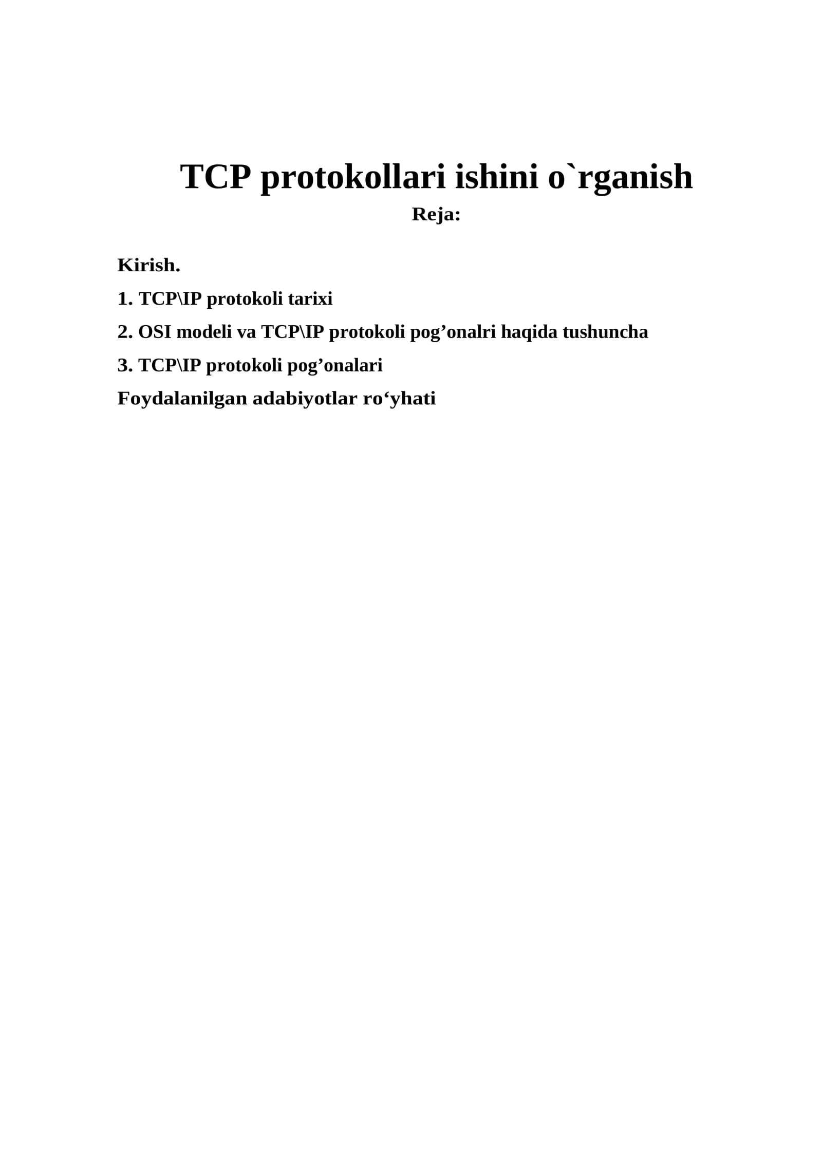 TCP protokollari ishini o`rganish