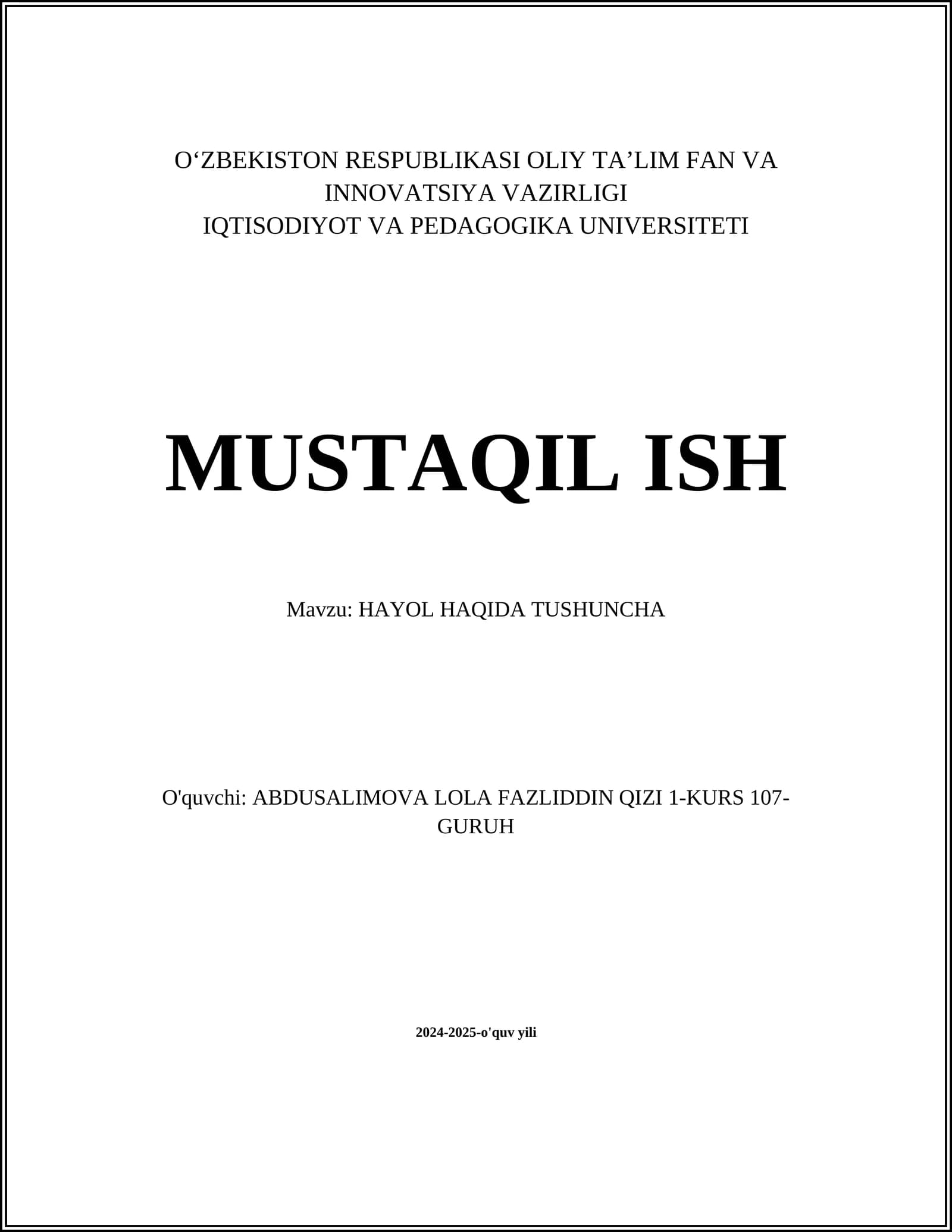 HAYOL HAQIDA TUSHUNCHA