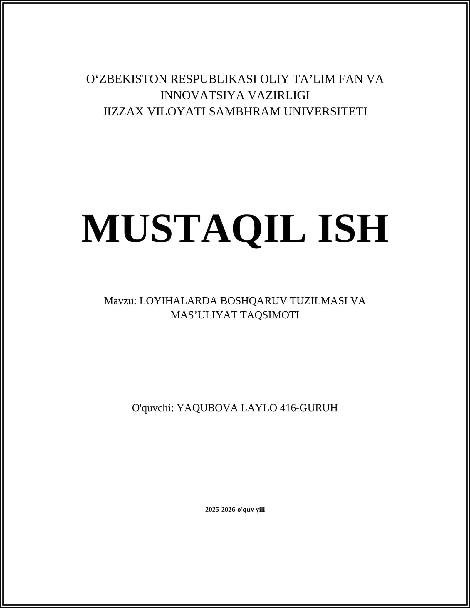 LOYIHALARDA BOSHQARUV TUZILMASI VA MASʼULIYAT TAQSIMOTI