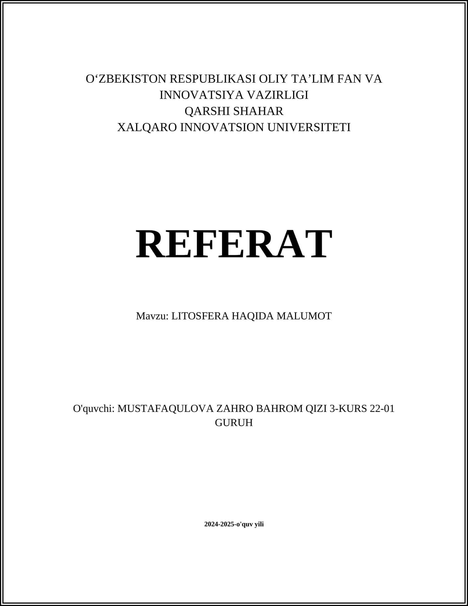 LITOSFERA HAQIDA MALUMOT