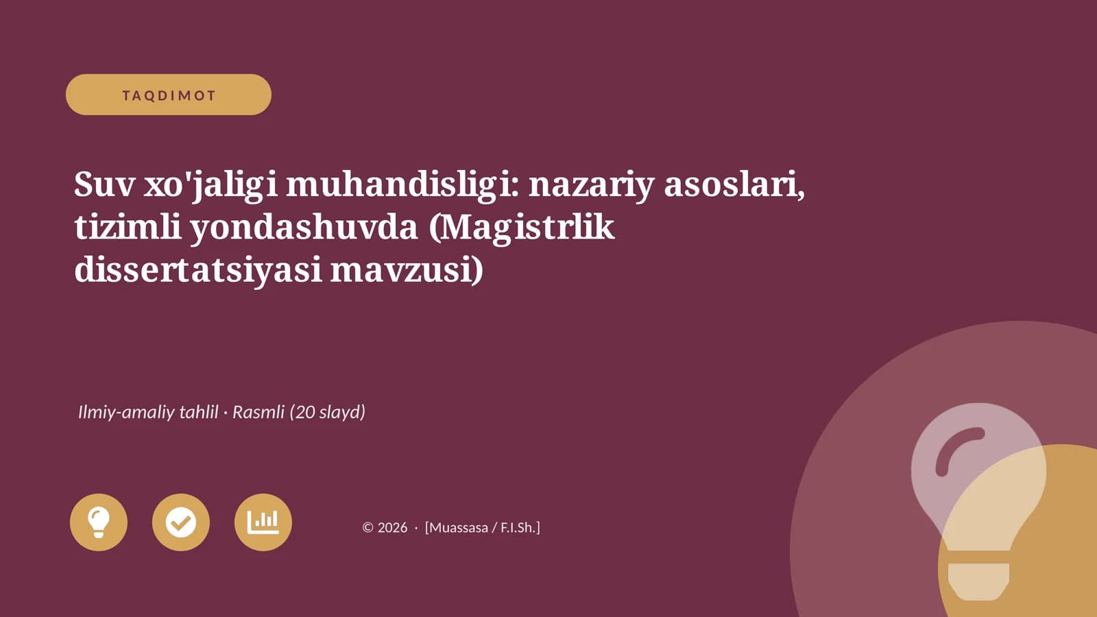 Suv xo'jaligi muhandisligi: nazariy asoslari, tizimli yondashuvda (Magistrlik dissertatsiyasi mavzusi)