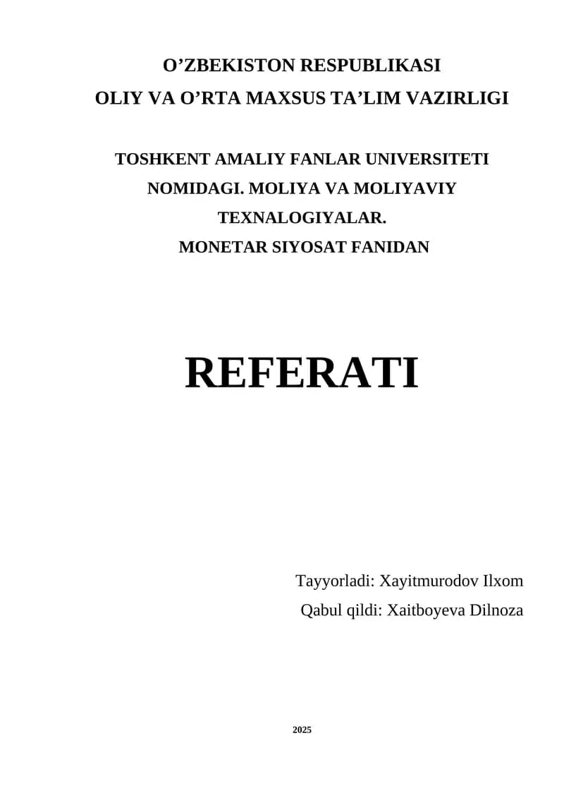 Monetar Siyosat Referati