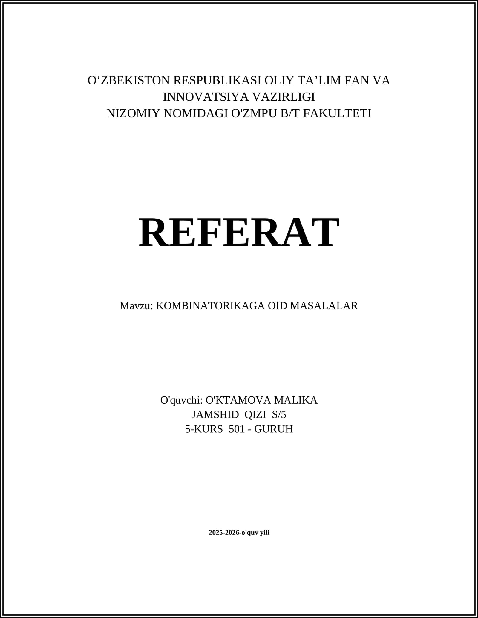 KOMBINATORIKAGA OID MASALALAR