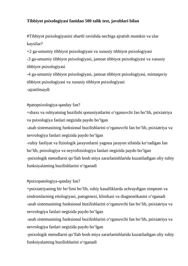 Tibbiyot psixologiyasi fanidan 500 talik test, javoblari bilan