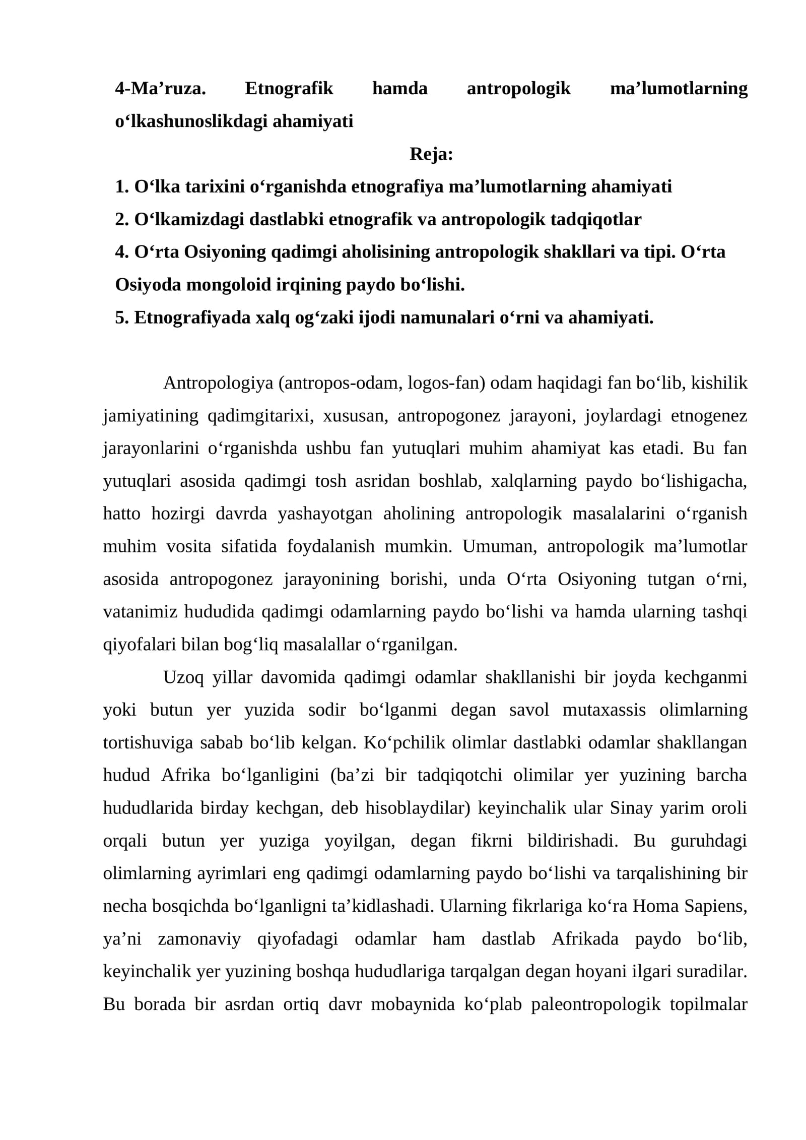 Etnografik hamda antropologik ma'lumotlar