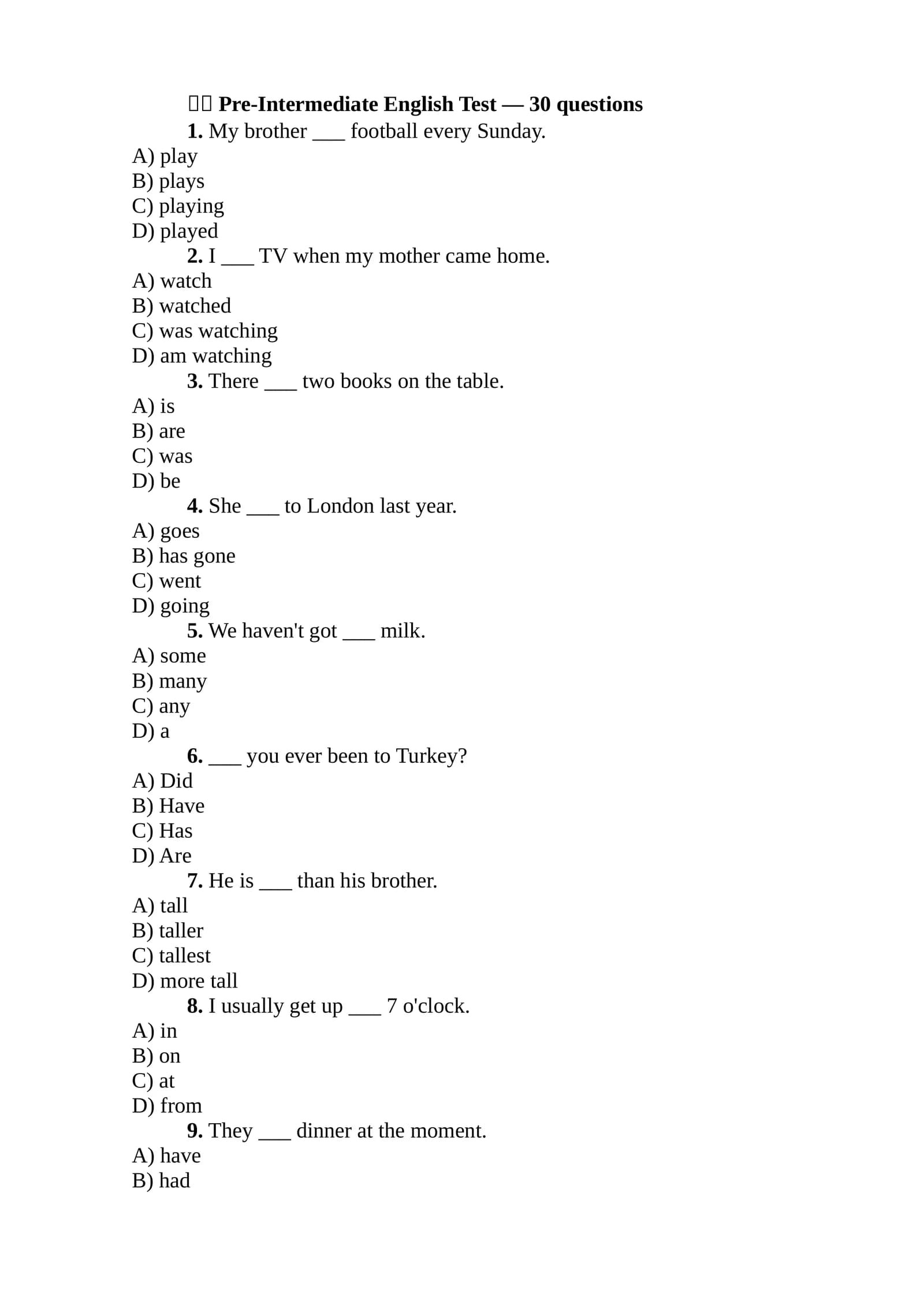 Pre-Intermediate English Test