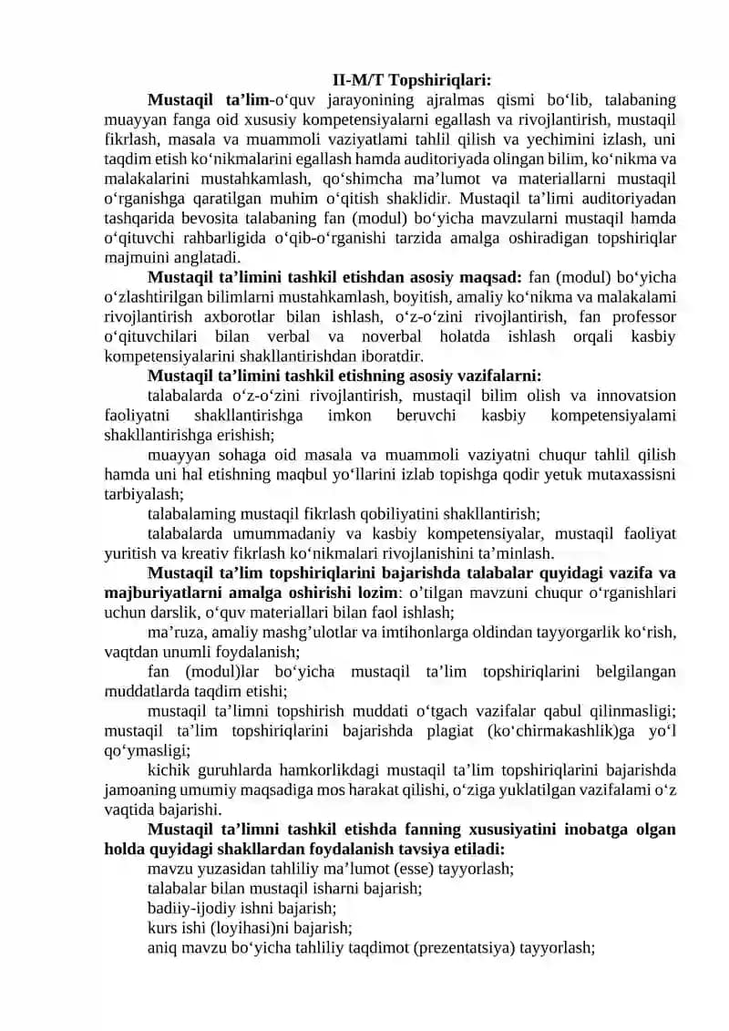 II-M/T Topshiriqlari