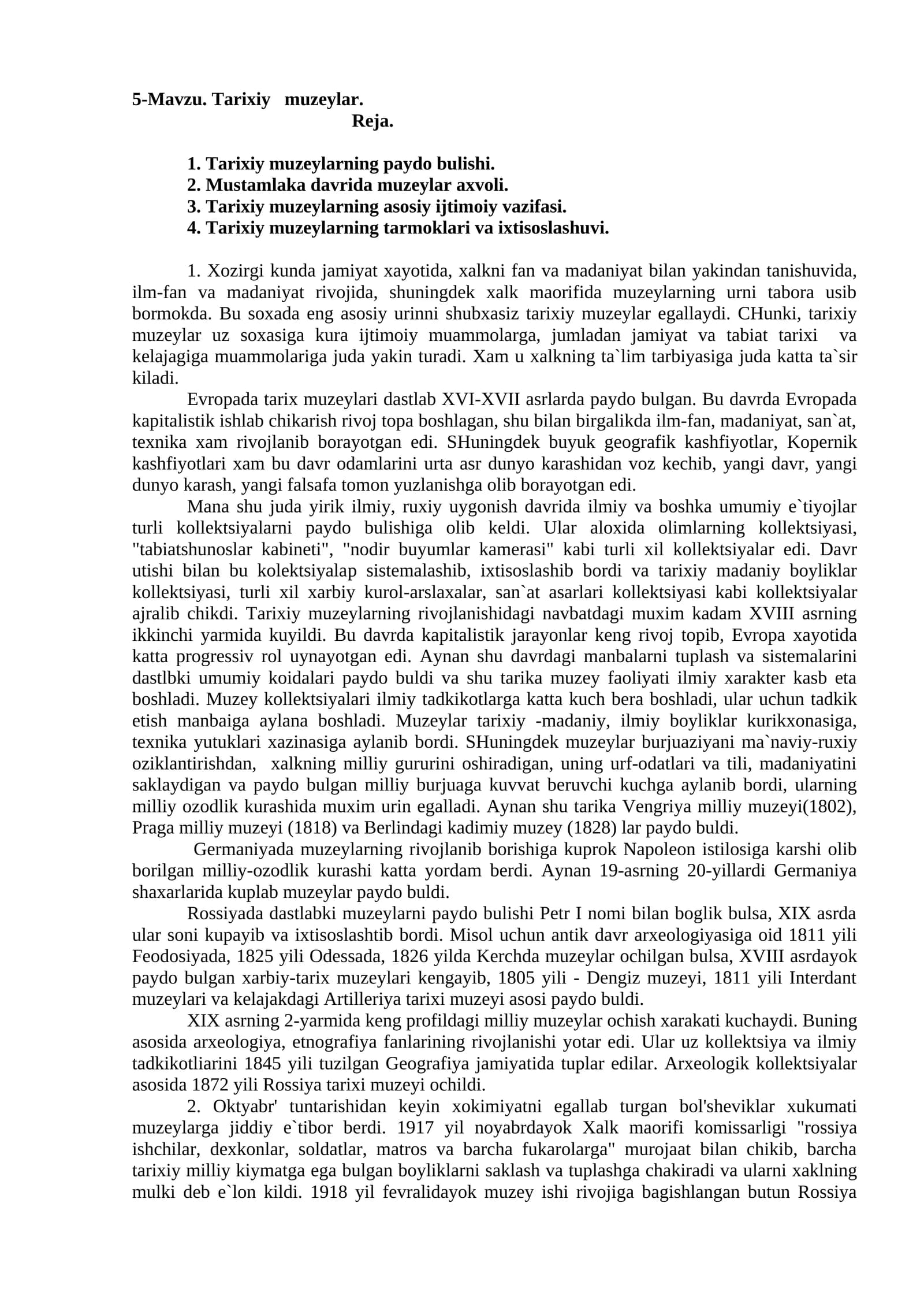 5-Mavzu. Tarixiy muzeylar