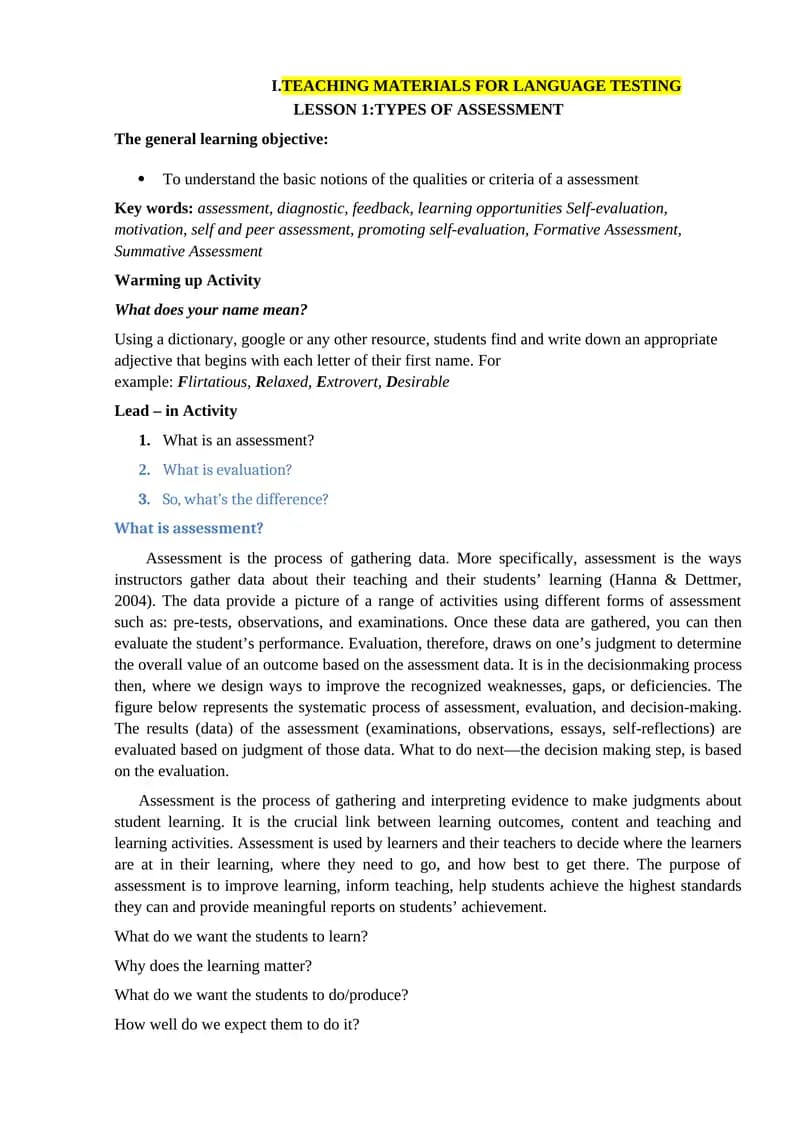 TEACHING MATERIALS FOR LANGUAGE TESTING LESSON 1:TYPES OF ASSESSMENT