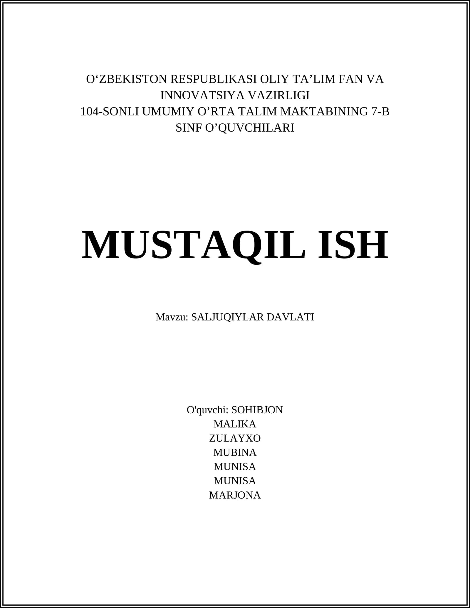 SALJUQIYLAR DAVLATI O'quv uslubi