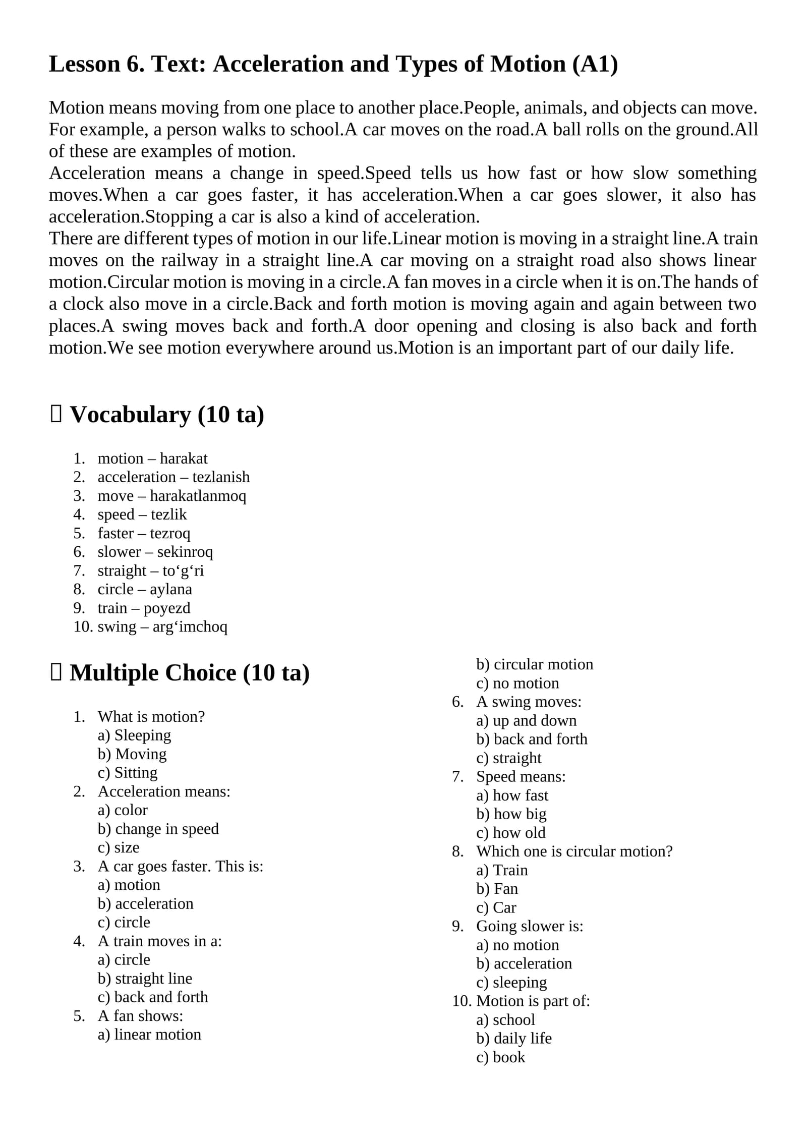 Acceleration and Types of Motion (A1)