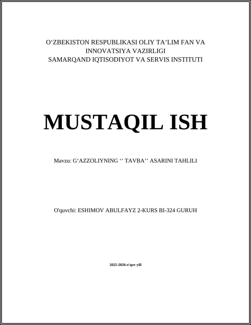GʻAZZOLIYNING ‘’ TAVBA’’ ASARINI TAHLILI