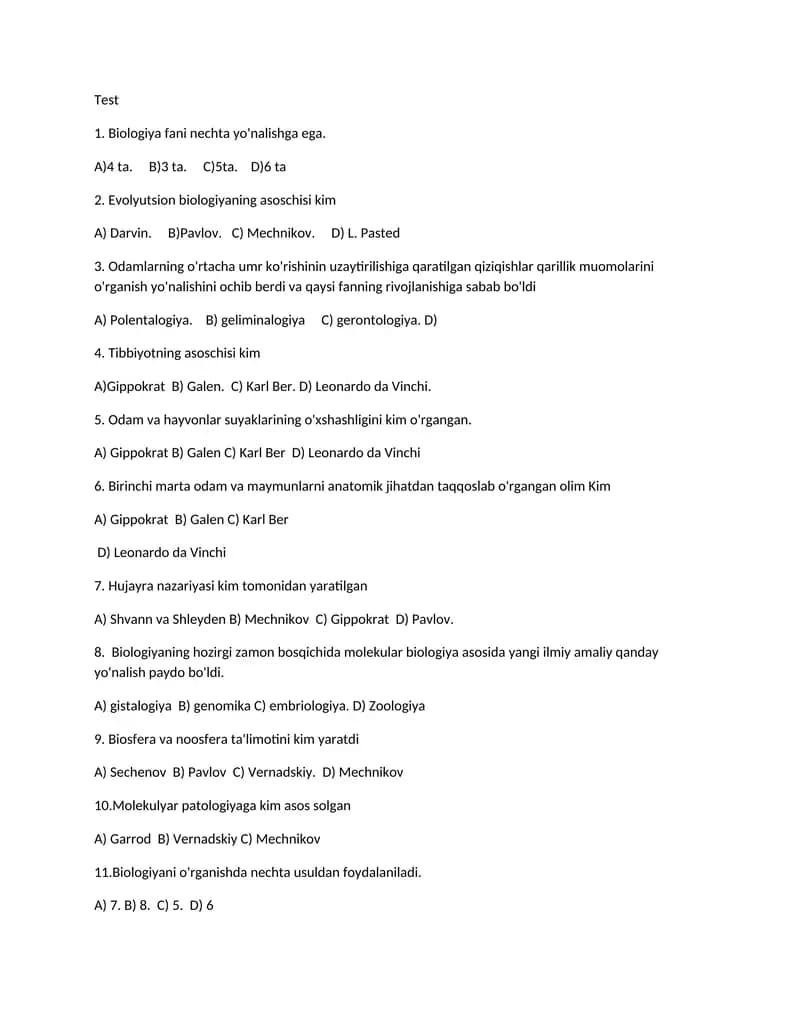 Biologiya Test Topshiriqlar