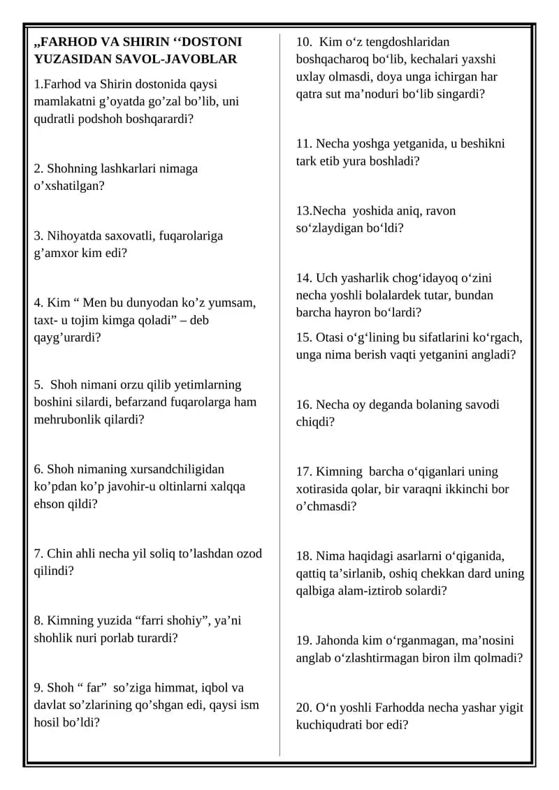 Dostoni Yuzasidan Savol-Javoblar