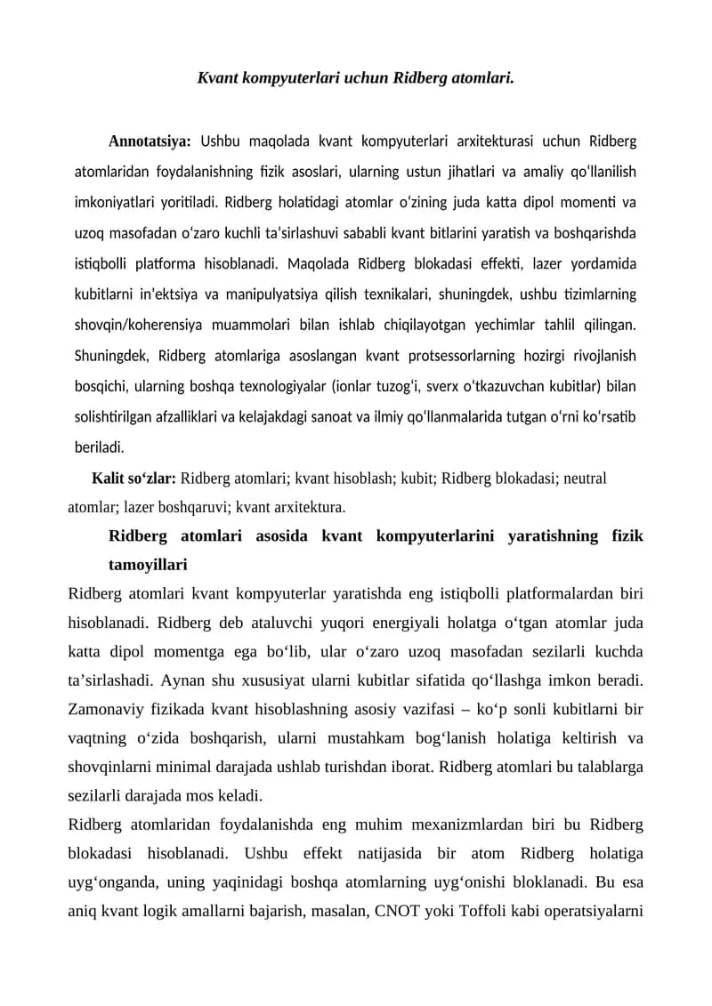 Kvant kompyuterlari uchun Ridberg atomlari