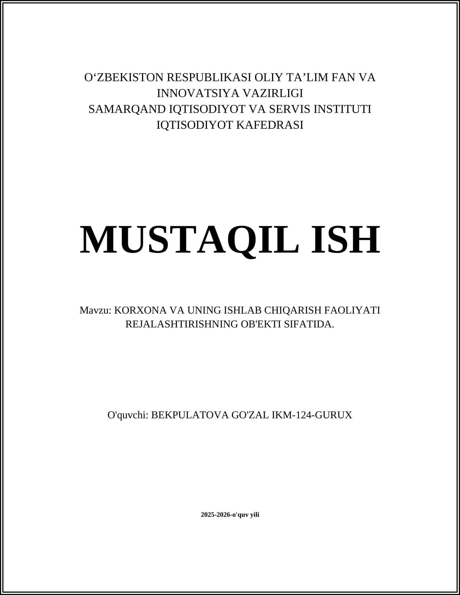 KORXONA VA UNING ISHLAB CHIQARISH FAOLIYATI REJALASHTIRISH