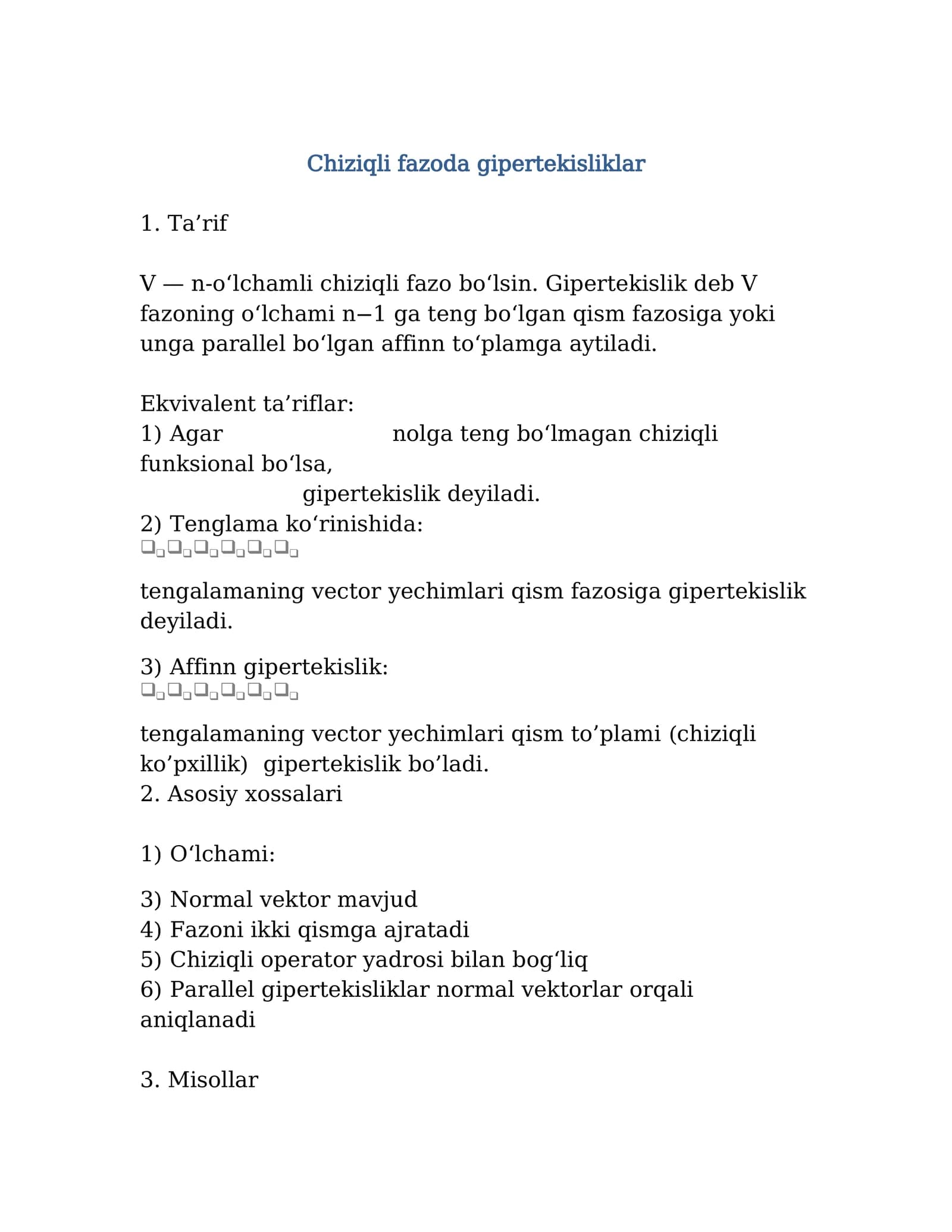 Chiziqli fazoda gipertekisliklar