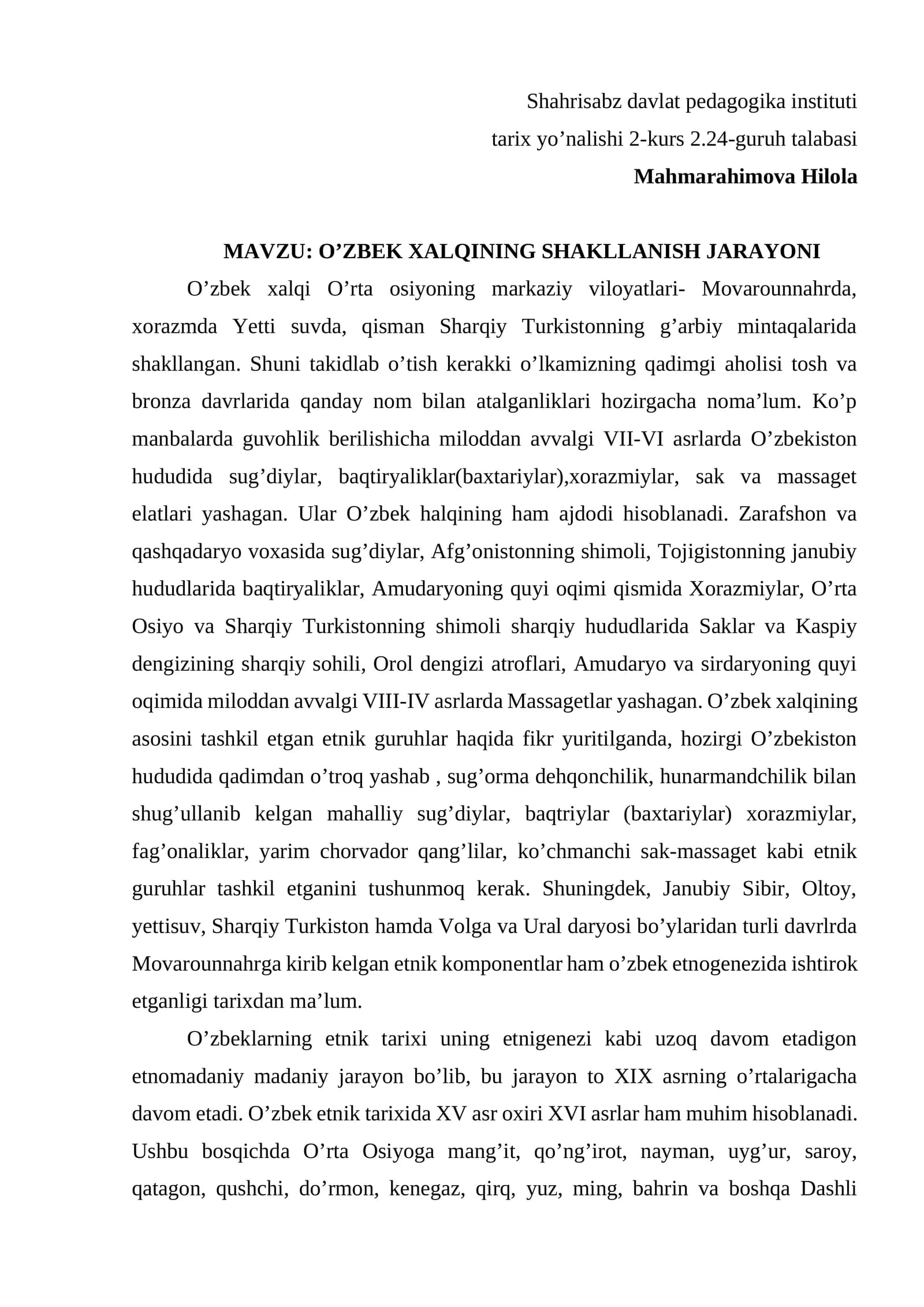 O'ZBEK XALQINING SHAKLLANISH JARAYONI