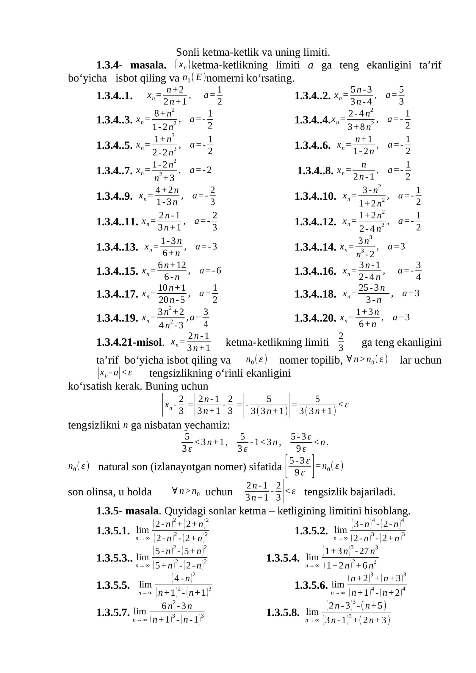 Masala 1.3.4- Ketma-ketlikning limiti